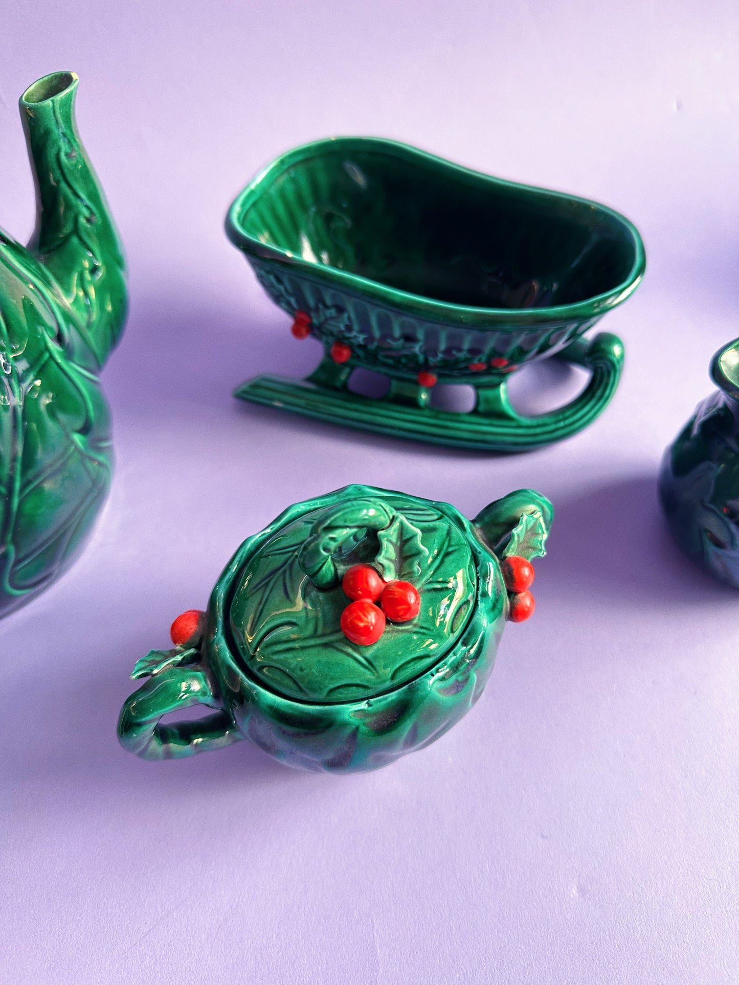 Vintage Lefton Ceramic Set Green Holly Red Berry Teapot, Sugar, Creamer & Sleigh