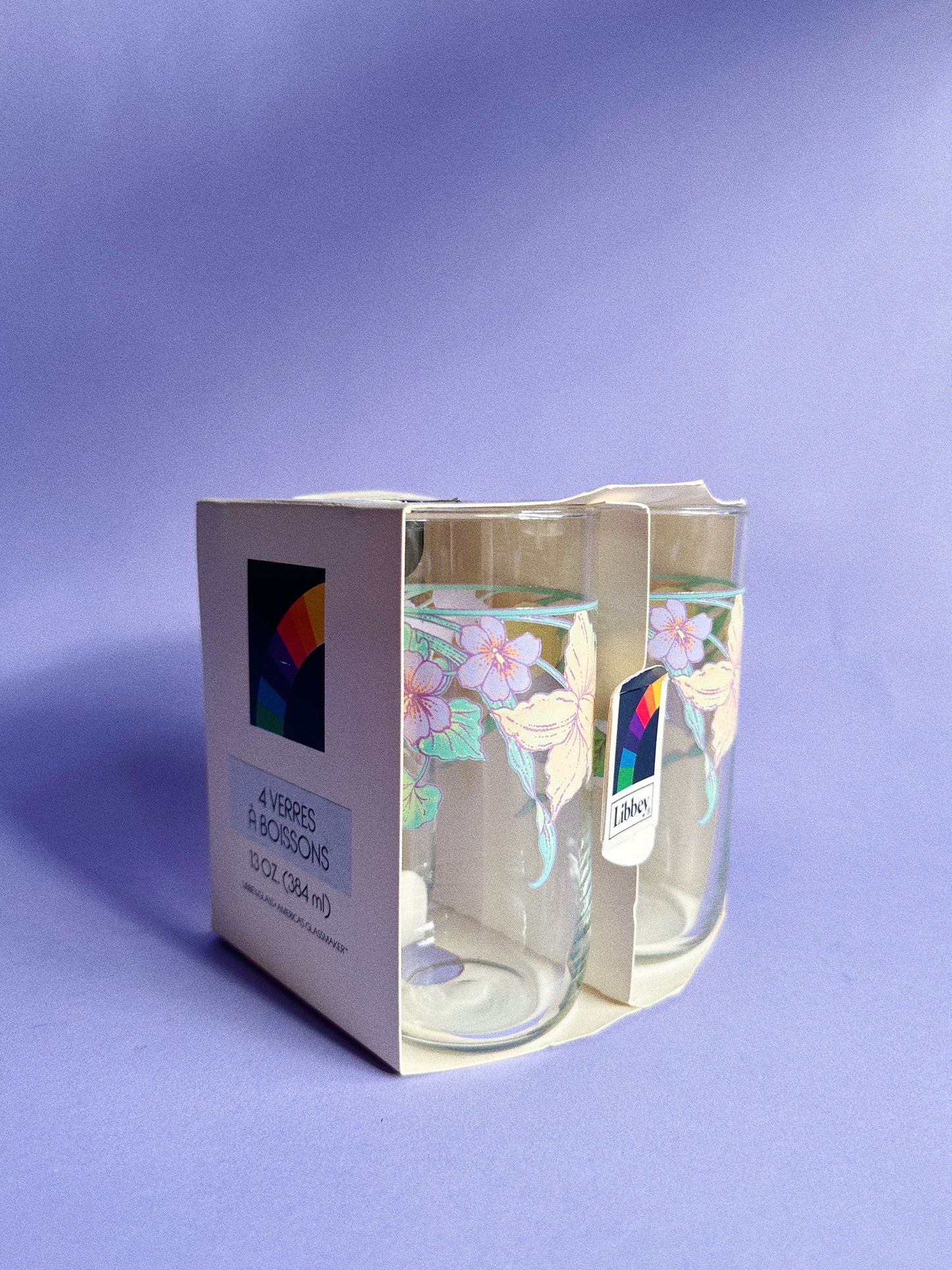 NIB Vintage Libbey Glass Floral Glasses 13 OZ Set of 4 Made In USA