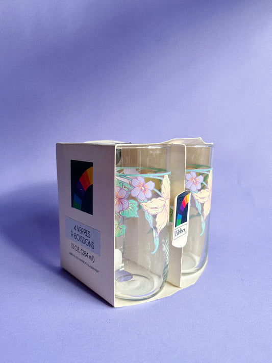 NIB Vintage Libbey Glass Floral Glasses 13 OZ Set of 4 Made In USA