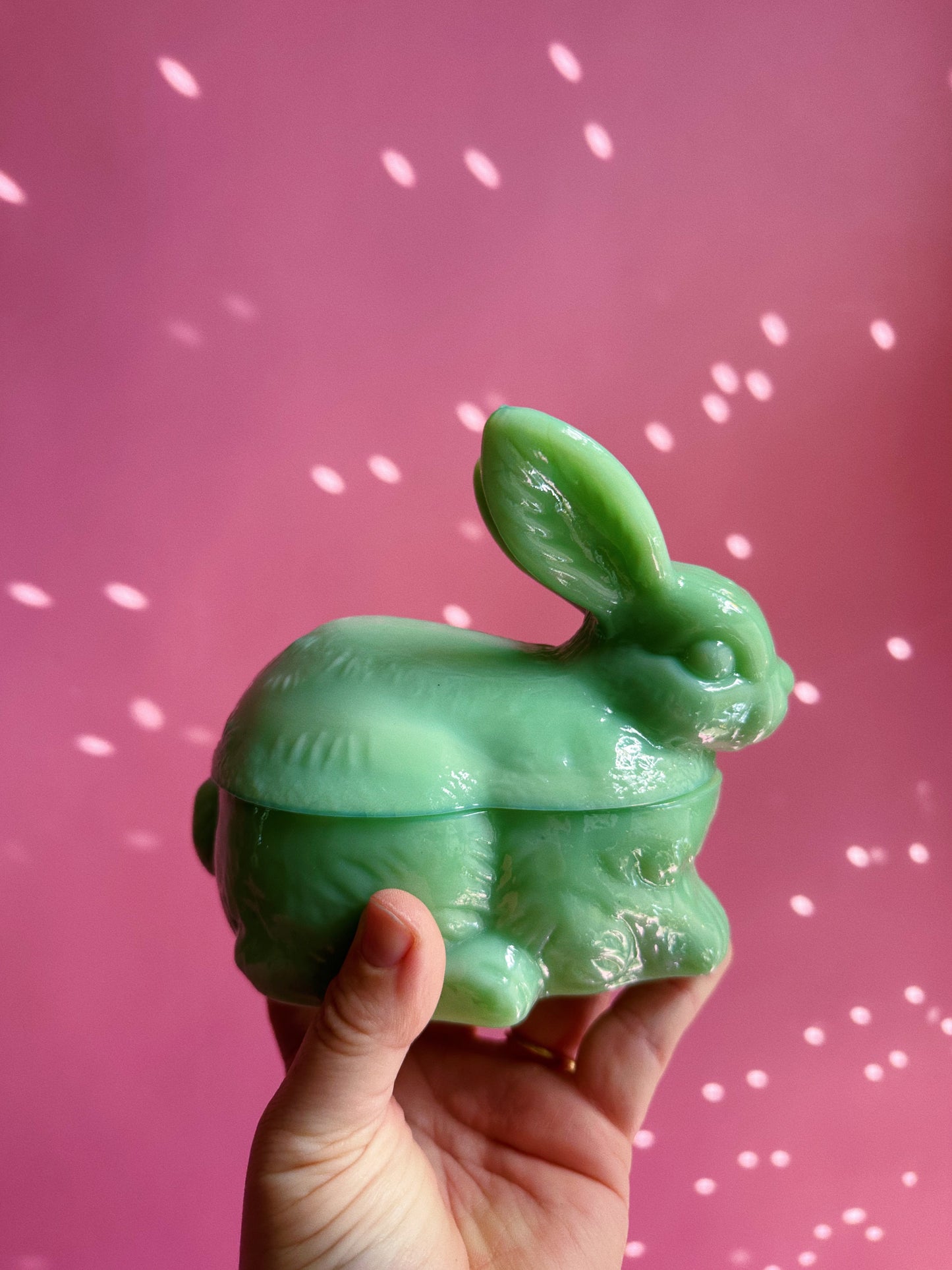 Jadeite Green Bunny Rabbit Lidded Covered Candy / Trinket Dish, New, Glass, 6"