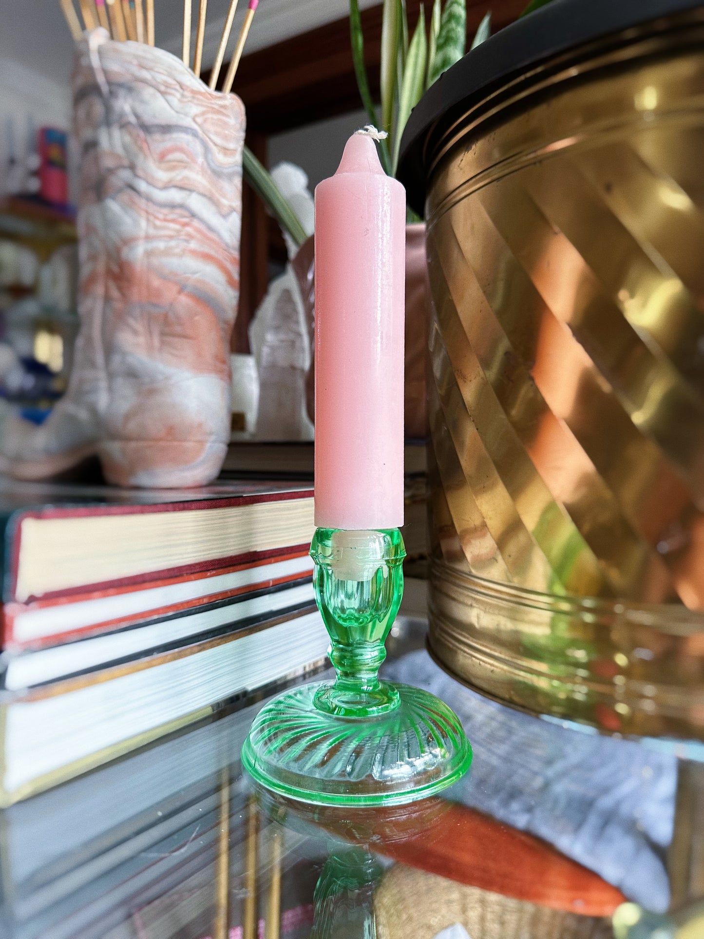 3.5” Single Light Twisted Optic Green Candlestick Uranium 1920s, 30s