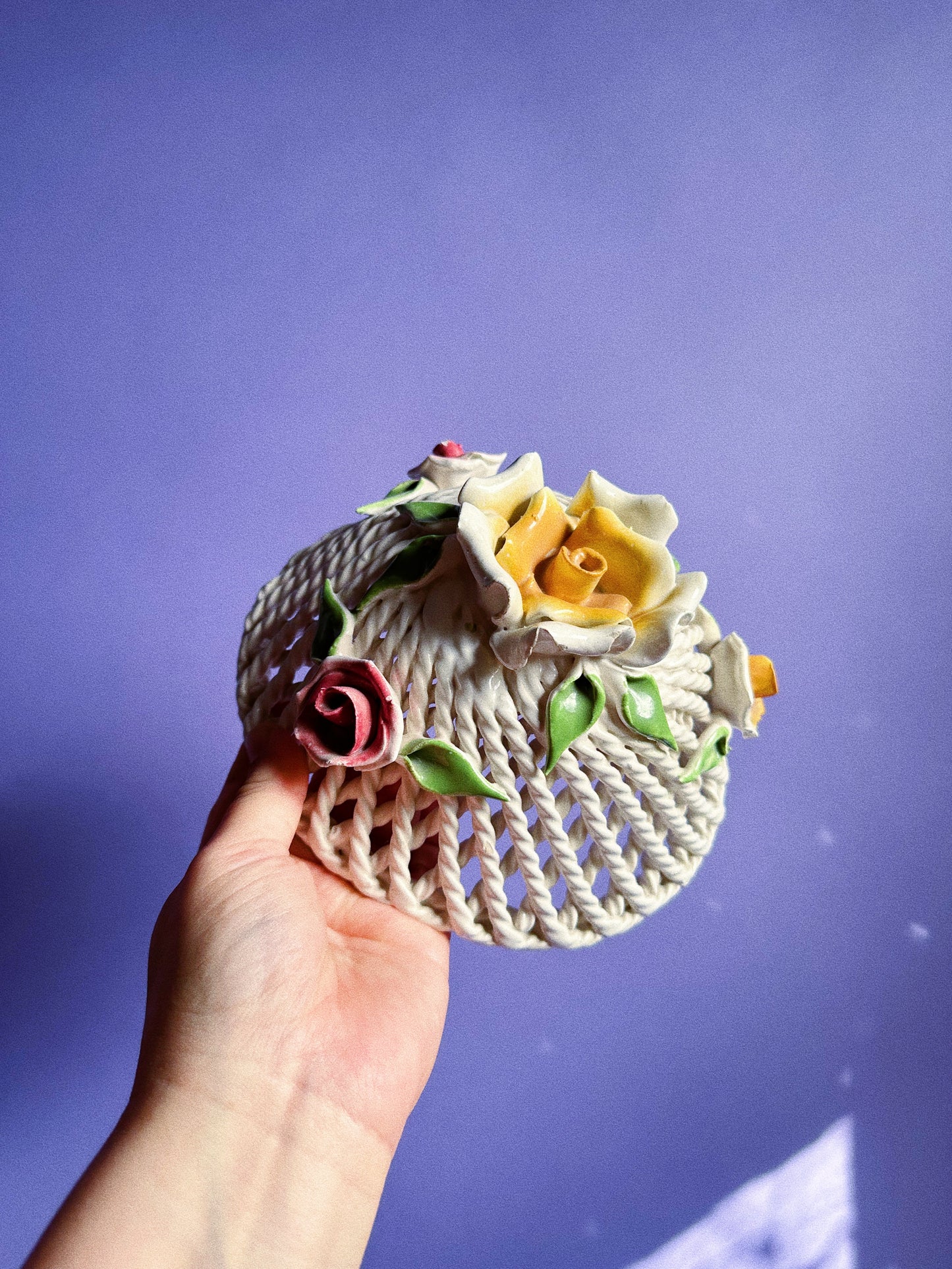 Vintage Lidded Capodimonte Weaved Basket Dish