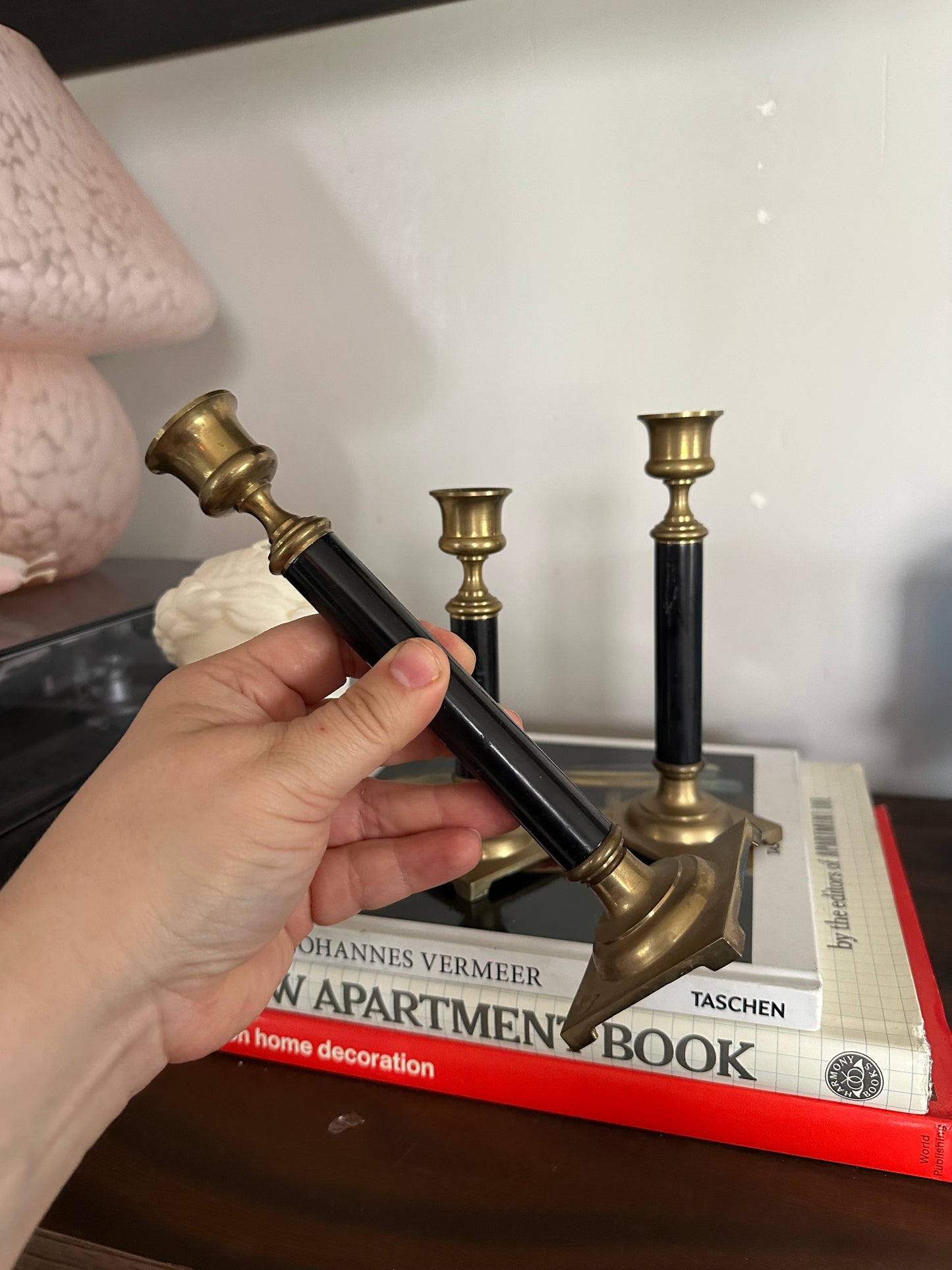 Beautiful Vintage Set of Three Solid Brass Candlesticks - Enameled Centers