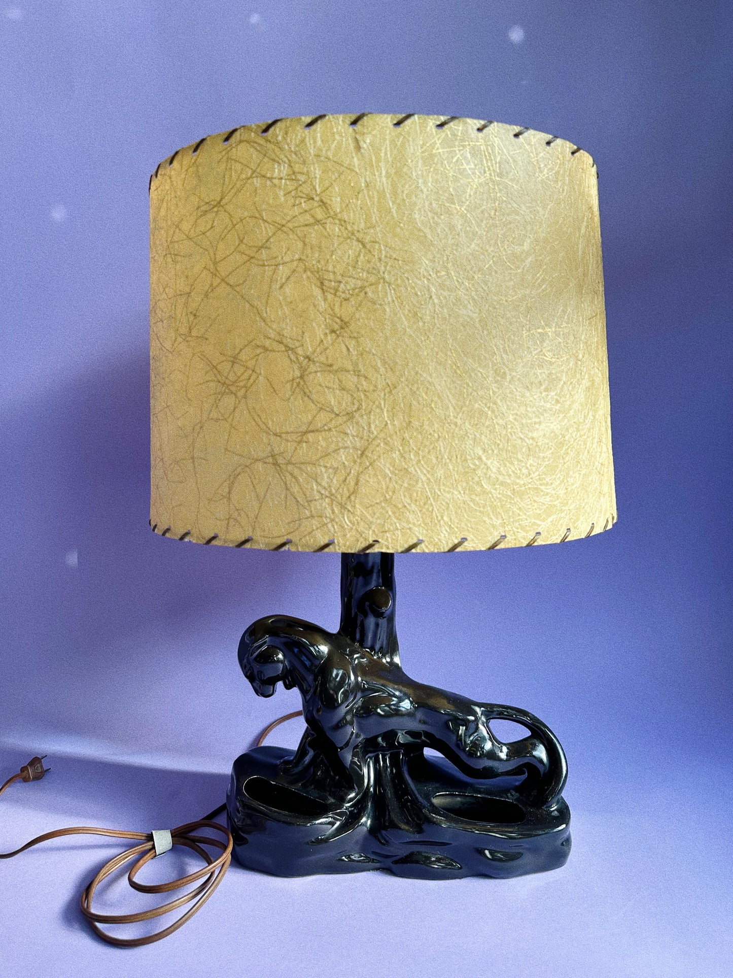 Vintage Mid-Century Modern Black Panther / Leopard TV Lamp w/ Fiberglass Shade