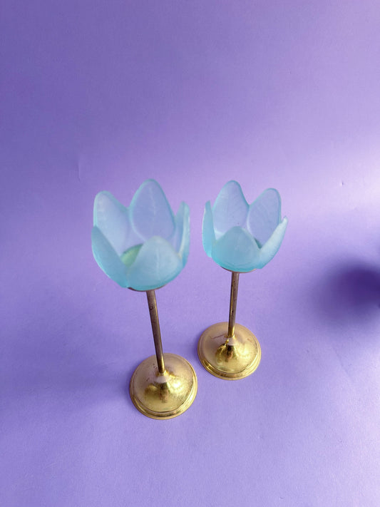 Vintage Blue Frosted Glass Tulip & Brass Candle Holders