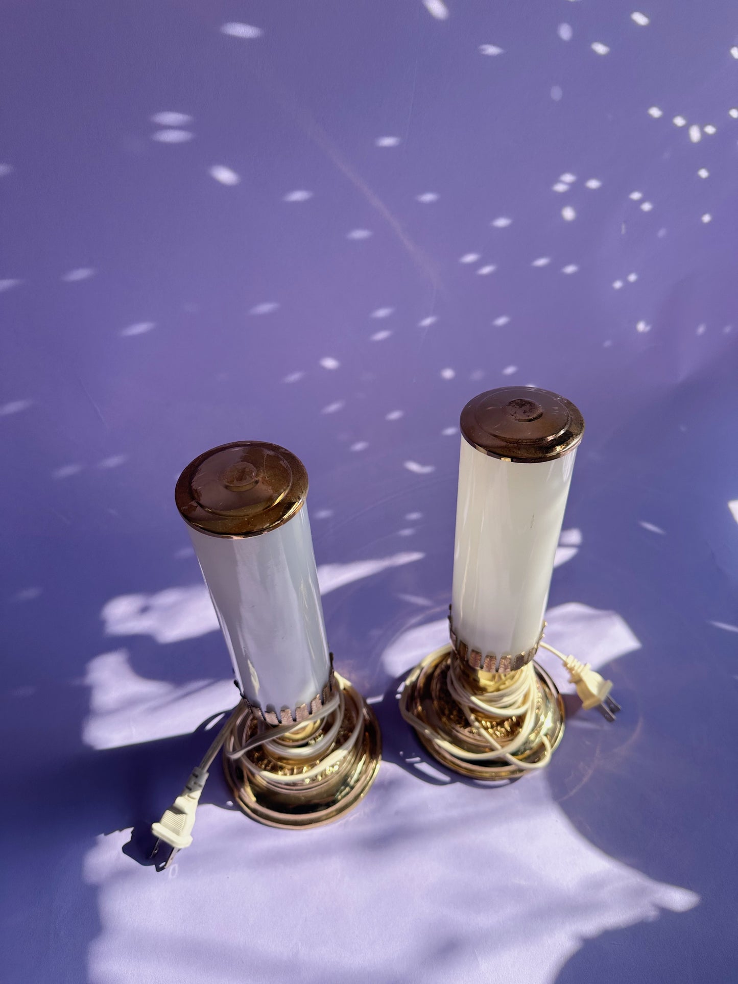1930s Art Deco White Milk Glass Boudoir Skyscraper Silverware Table Lamps Rare