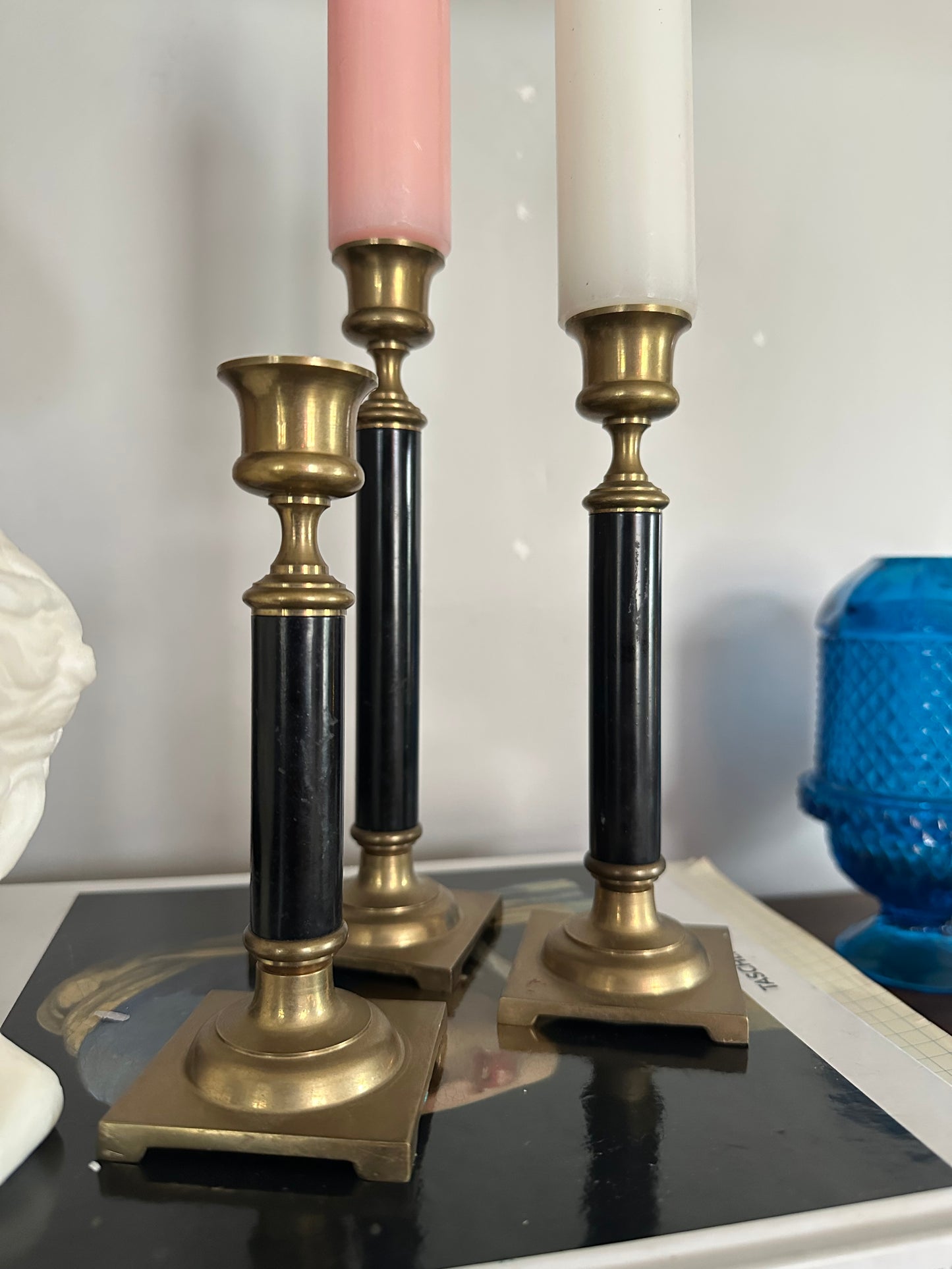 Beautiful Vintage Set of Three Solid Brass Candlesticks - Enameled Centers