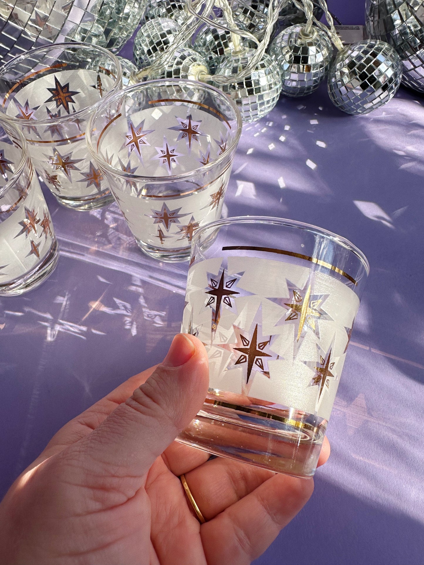 Vintage MCM Dominion Atomic Starburst Short Tumblers Glasses Frosted Gold