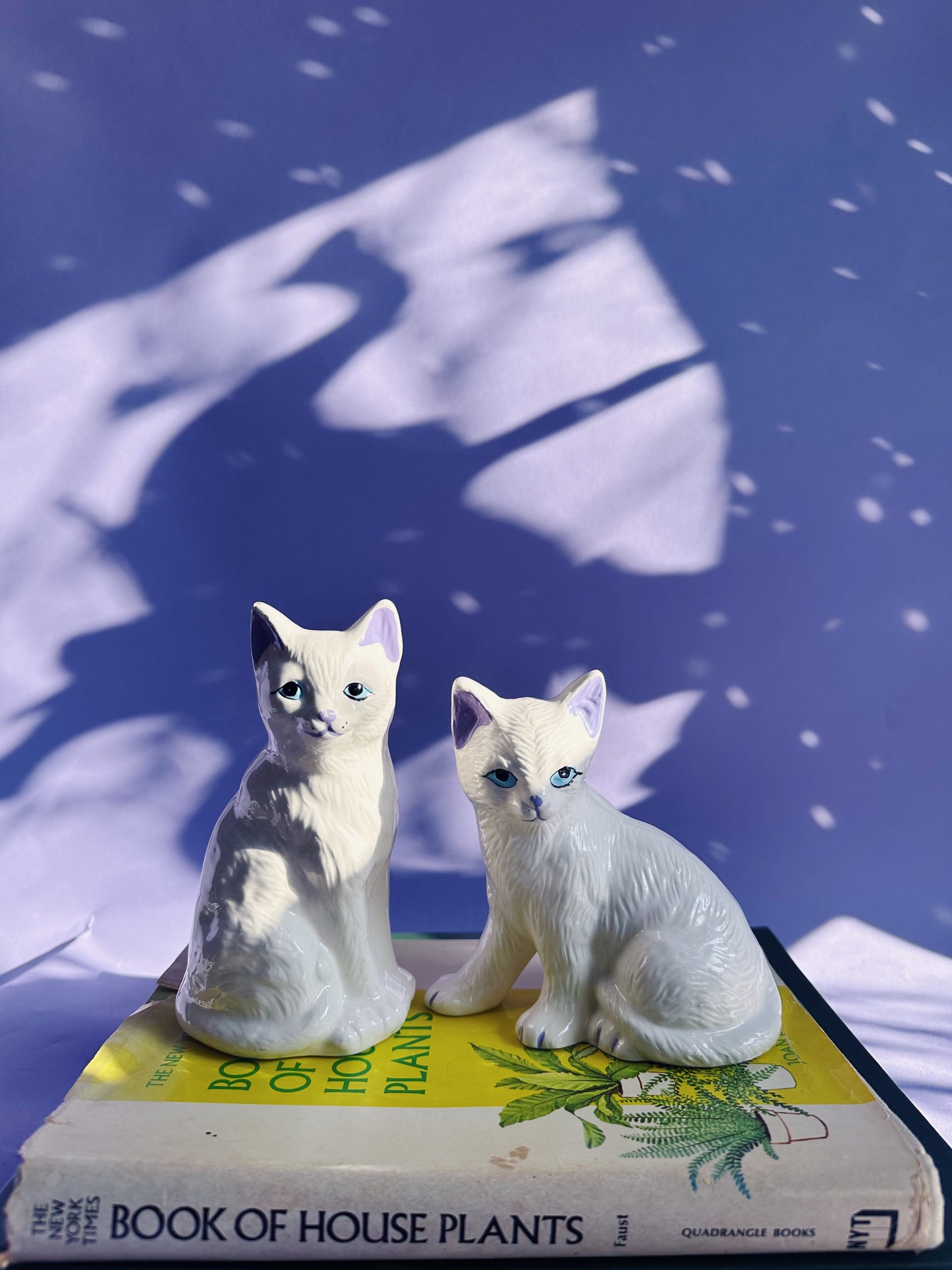 Vintage Pair of Ceramic White Cat Sculptures w Purple Details
