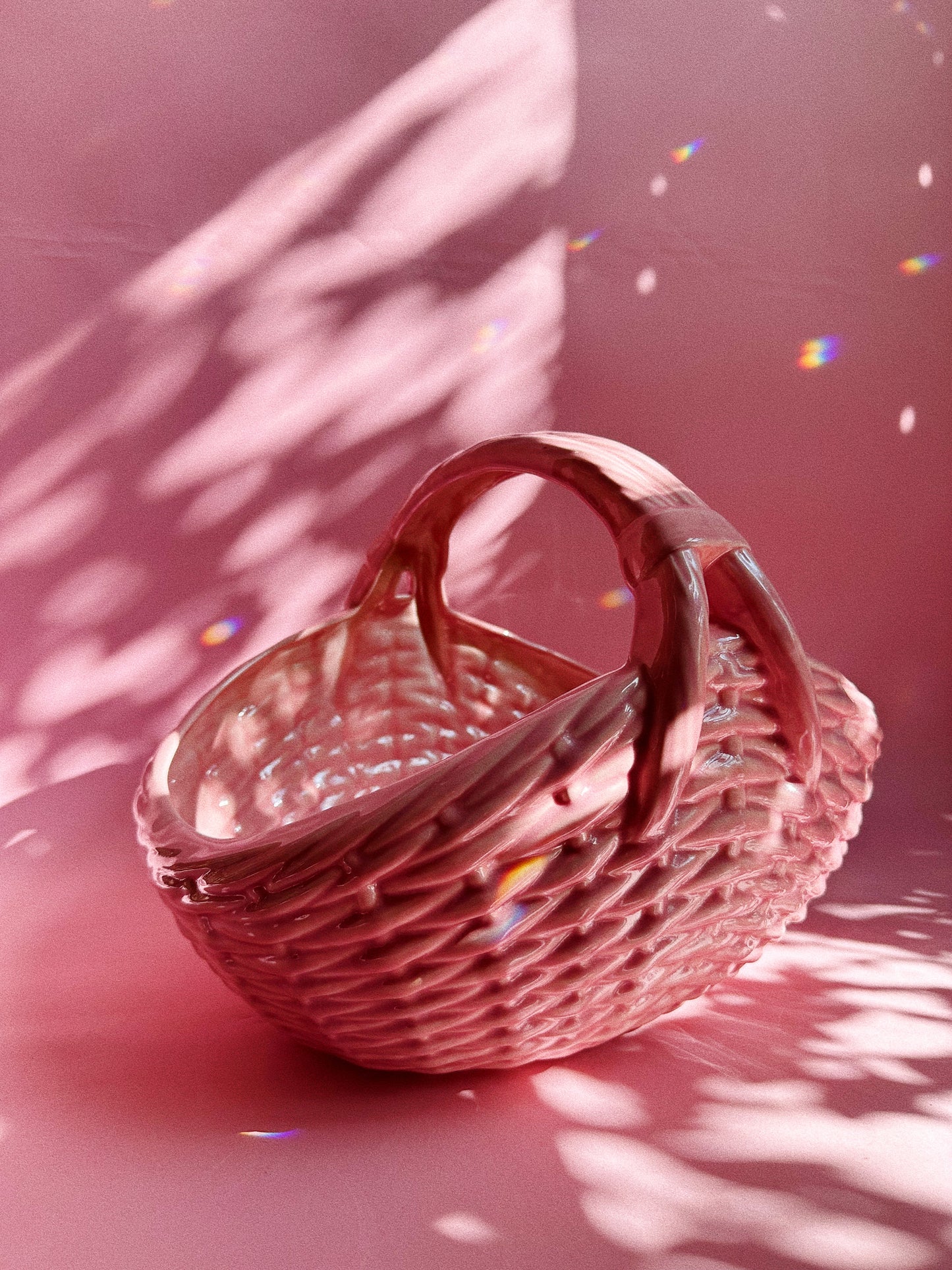 Large Vintage Ceramic Weaved Pink Basket