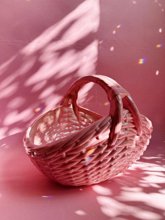 Large Vintage Ceramic Weaved Pink Basket