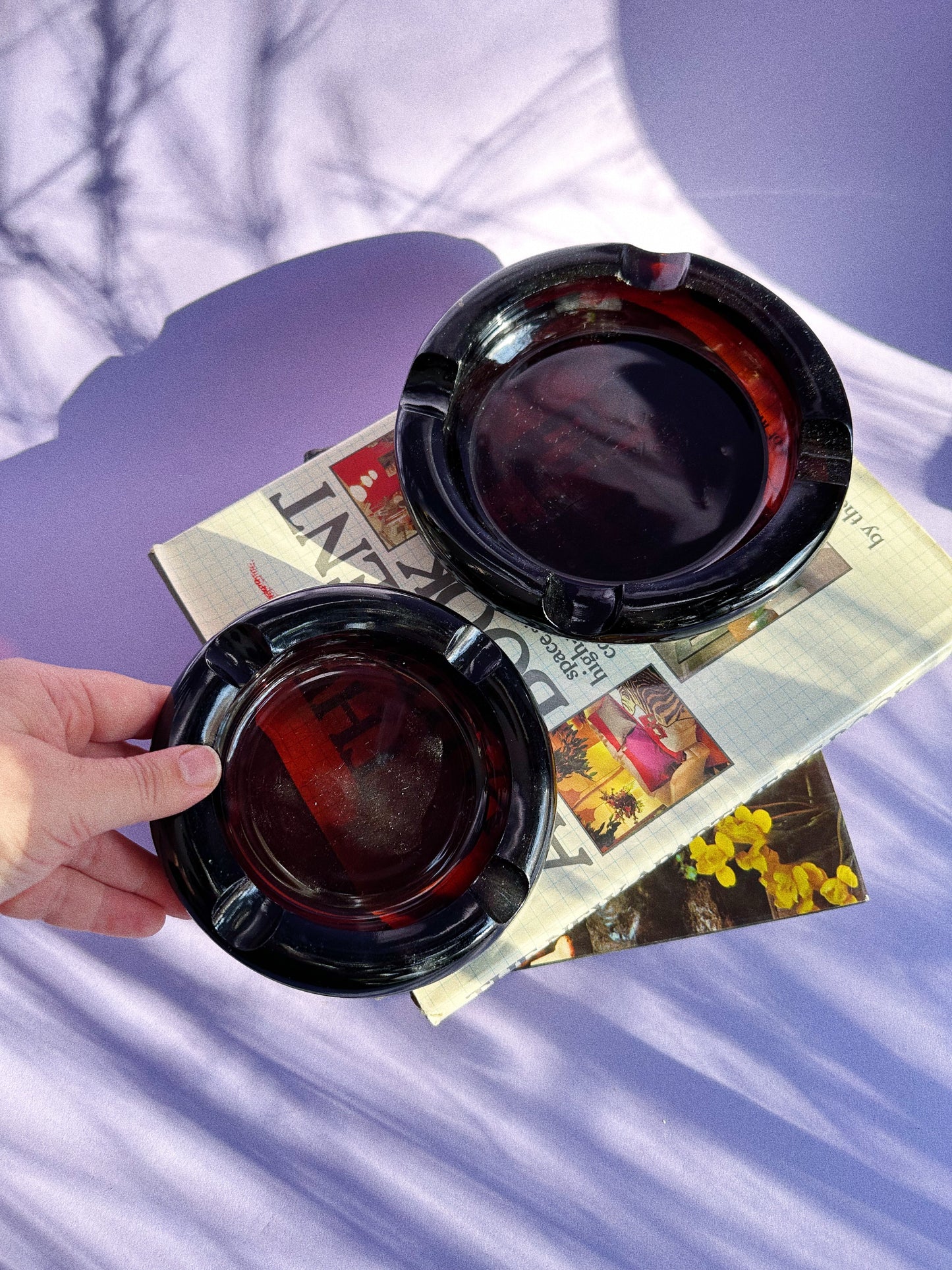 Vintage Heavy Nesting Pair of Mid Century Modern Dark Amber Glass Ashtrays