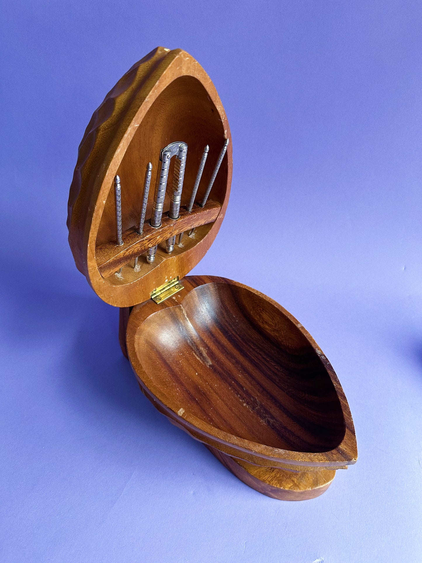 Vintage Carved Walnut Nut Cracker Bowl Set With Tools Mid Century 9½" X 6"