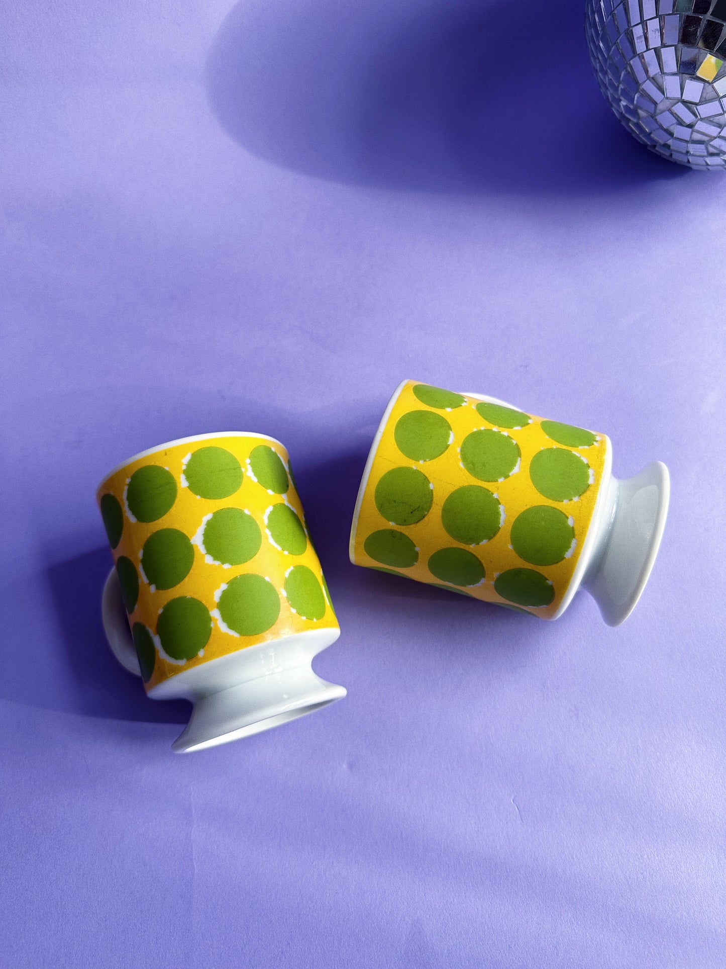 Pair of Vintage 70's Retro Green Yellow Footed Polka Dot Coffee Mug Tea Cups