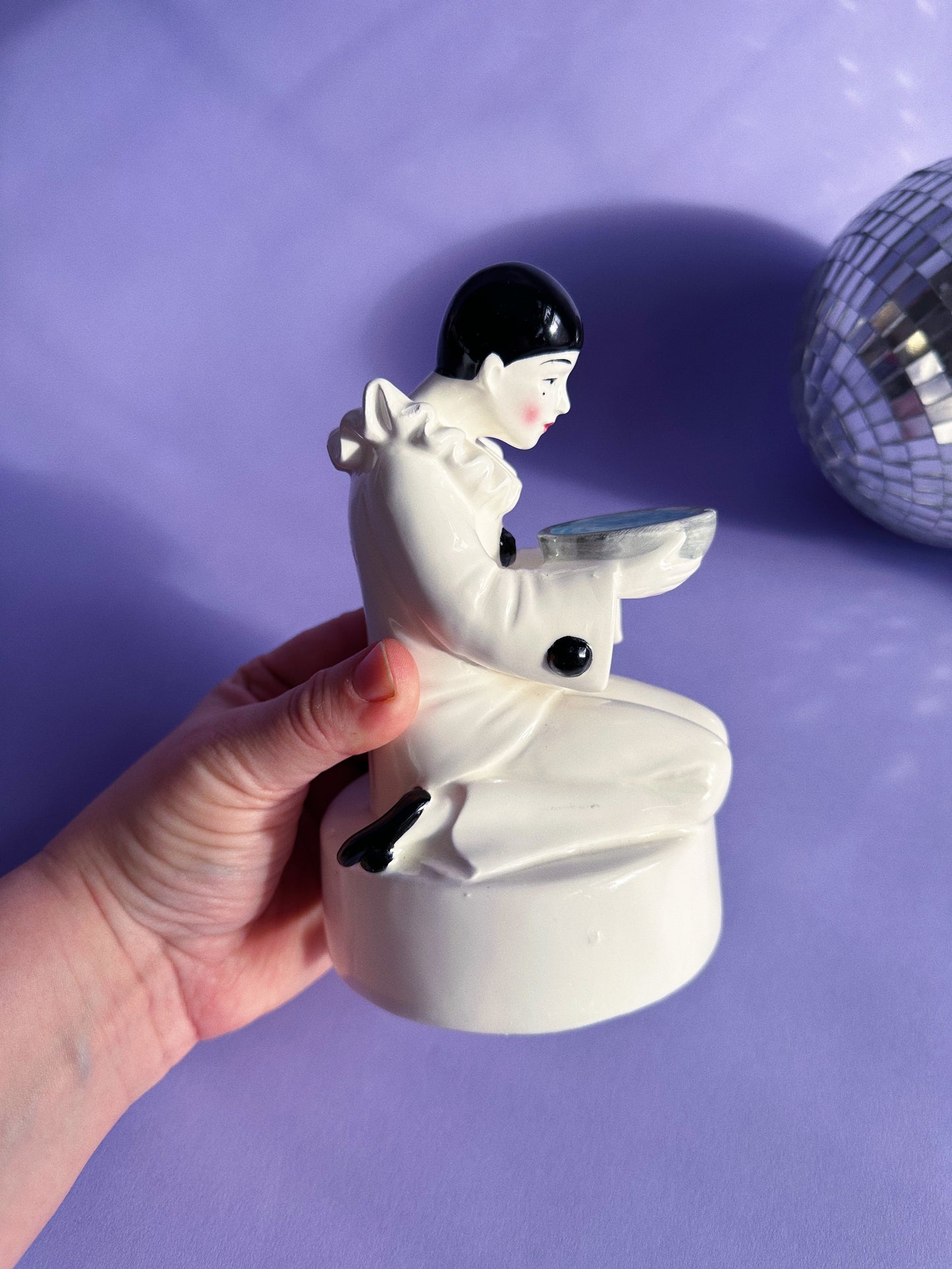 Vintage Spinning Porcelain Clown Pierrot Mime w Bowl 1980s Hand Painted Figurine