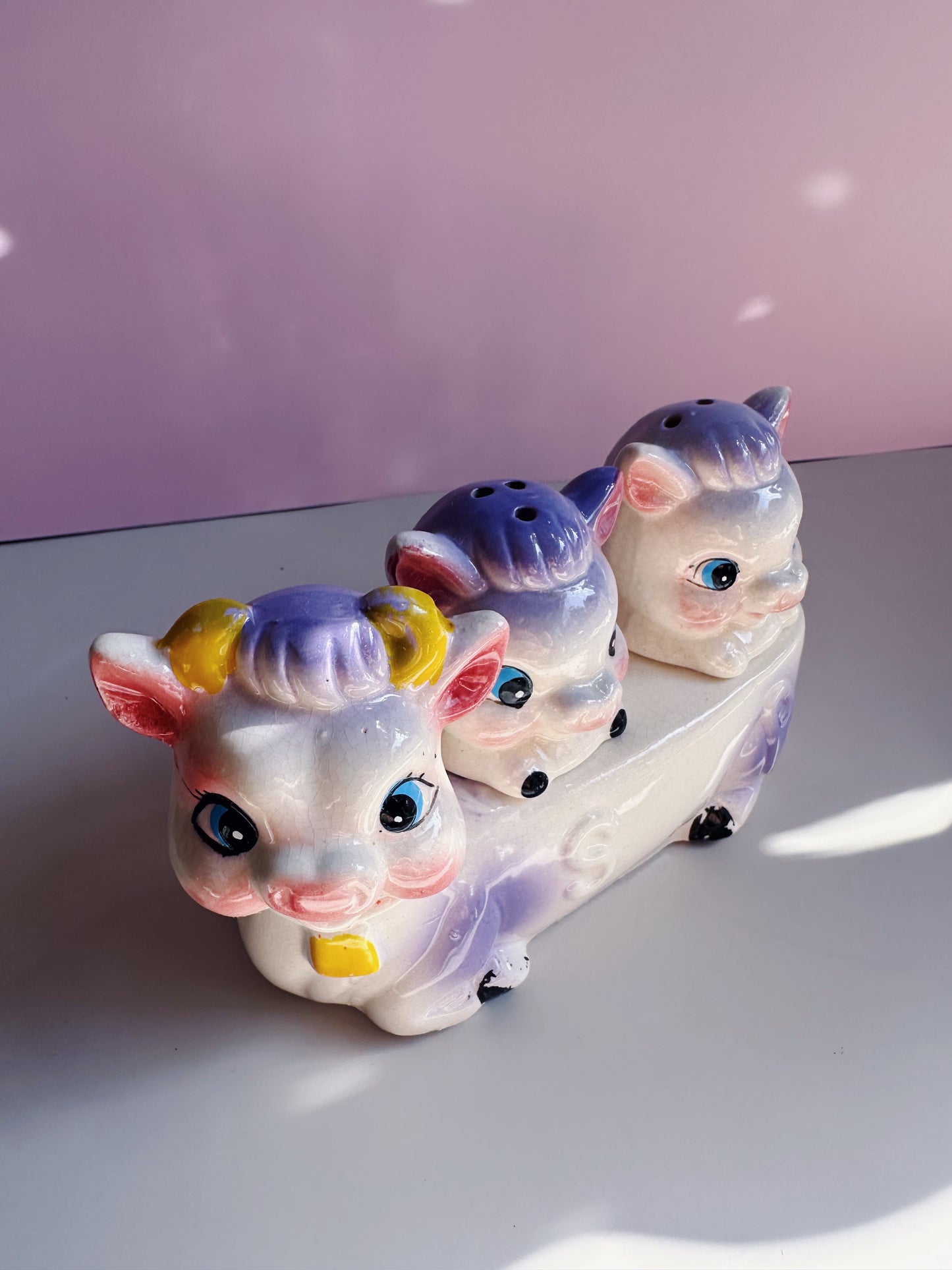 Vintage Cow Salt & Pepper Shakers Anthropomorphic Holder Set 1950s Japan Ceramic