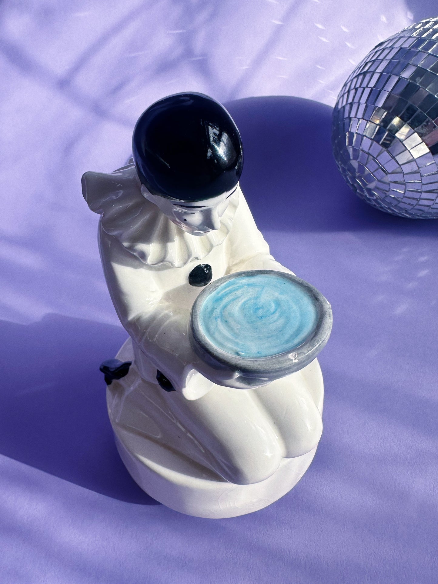 Vintage Spinning Porcelain Clown Pierrot Mime w Bowl 1980s Hand Painted Figurine