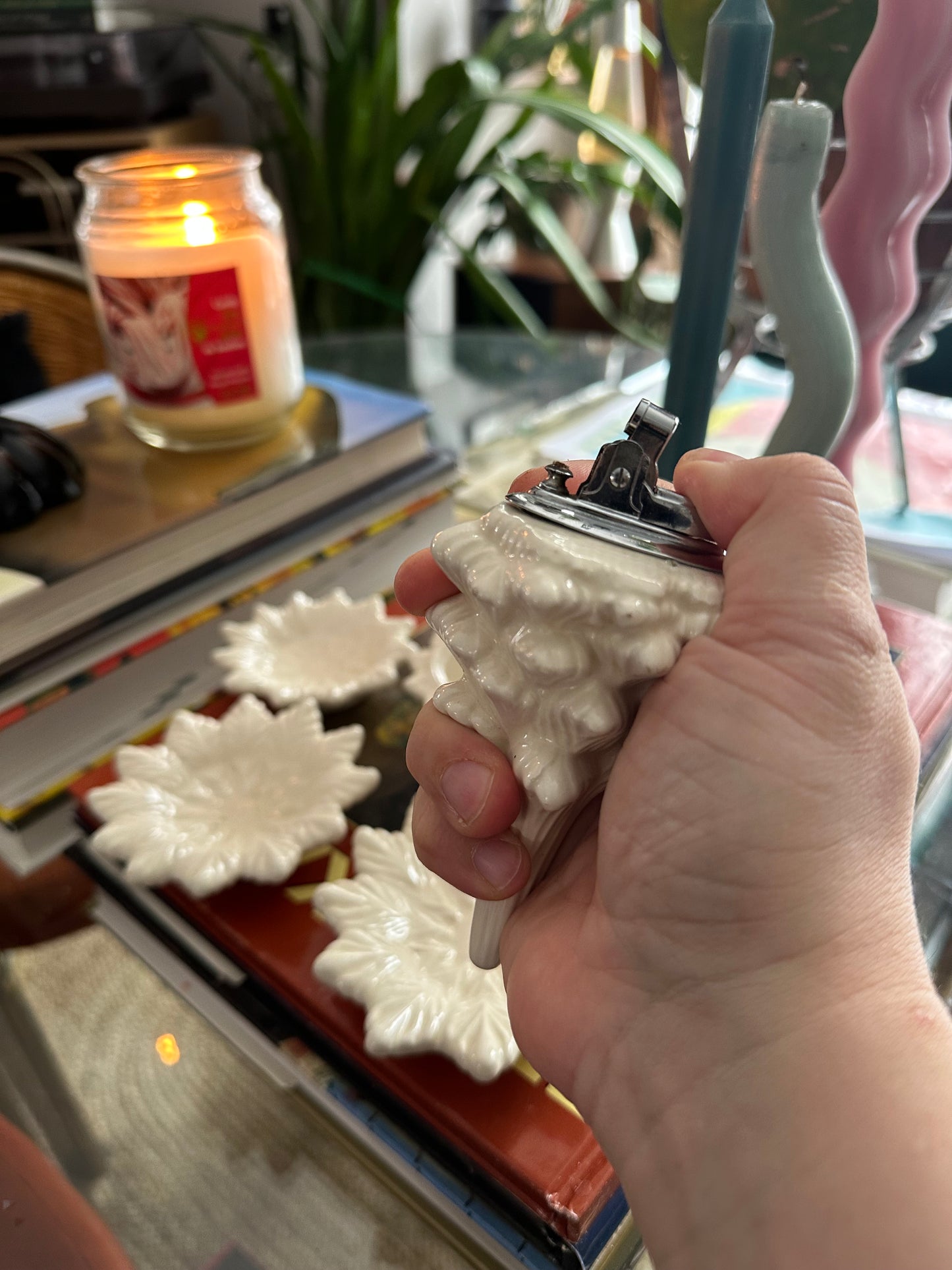 Vintage Stacking Ceramic Christmas Tree Lighter Ashtrays Cream