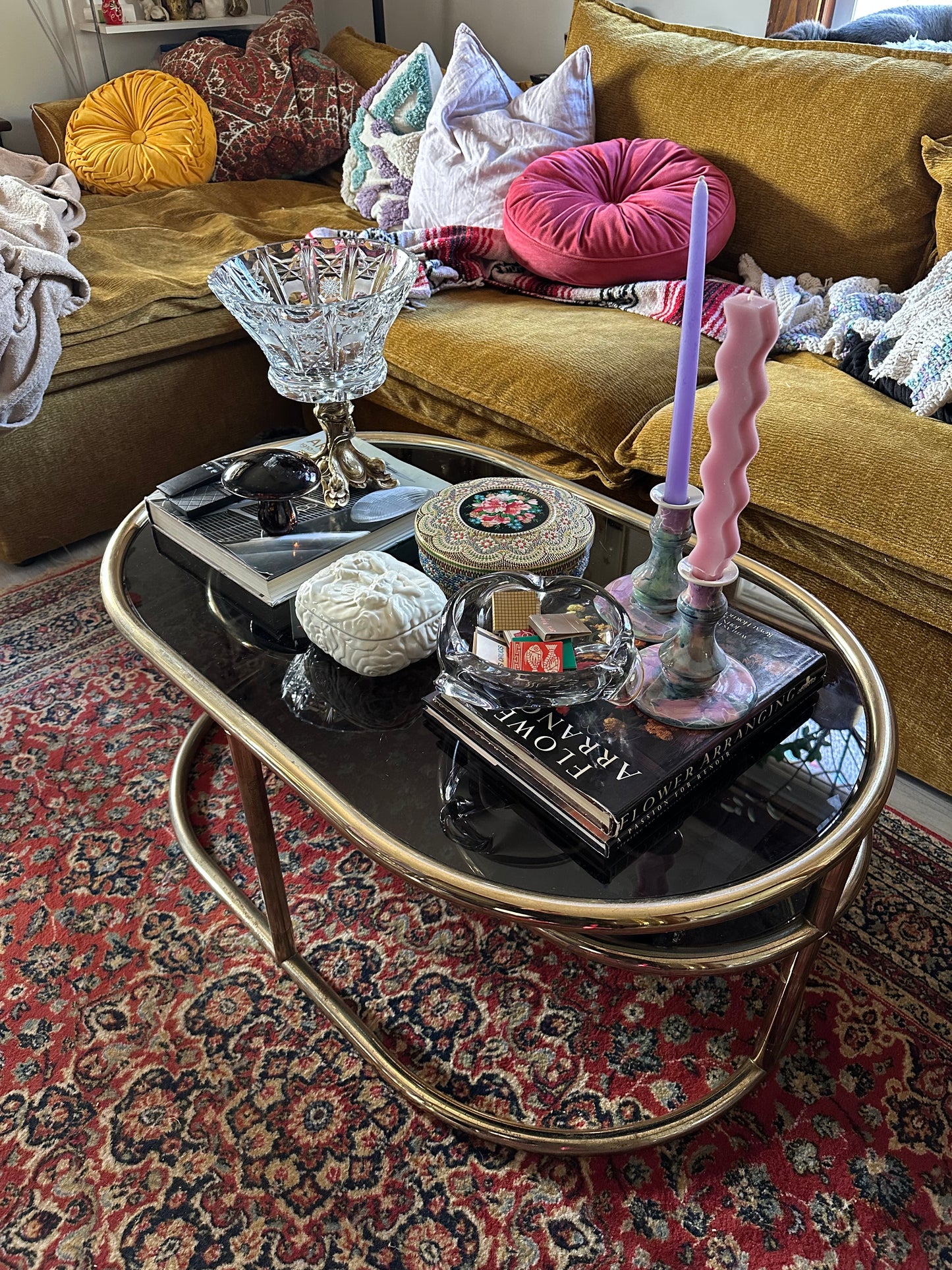 L&L Cut Glass Pedestal Centerpiece Bowl Bronze Brass 9 1/8 X 8 1/2"