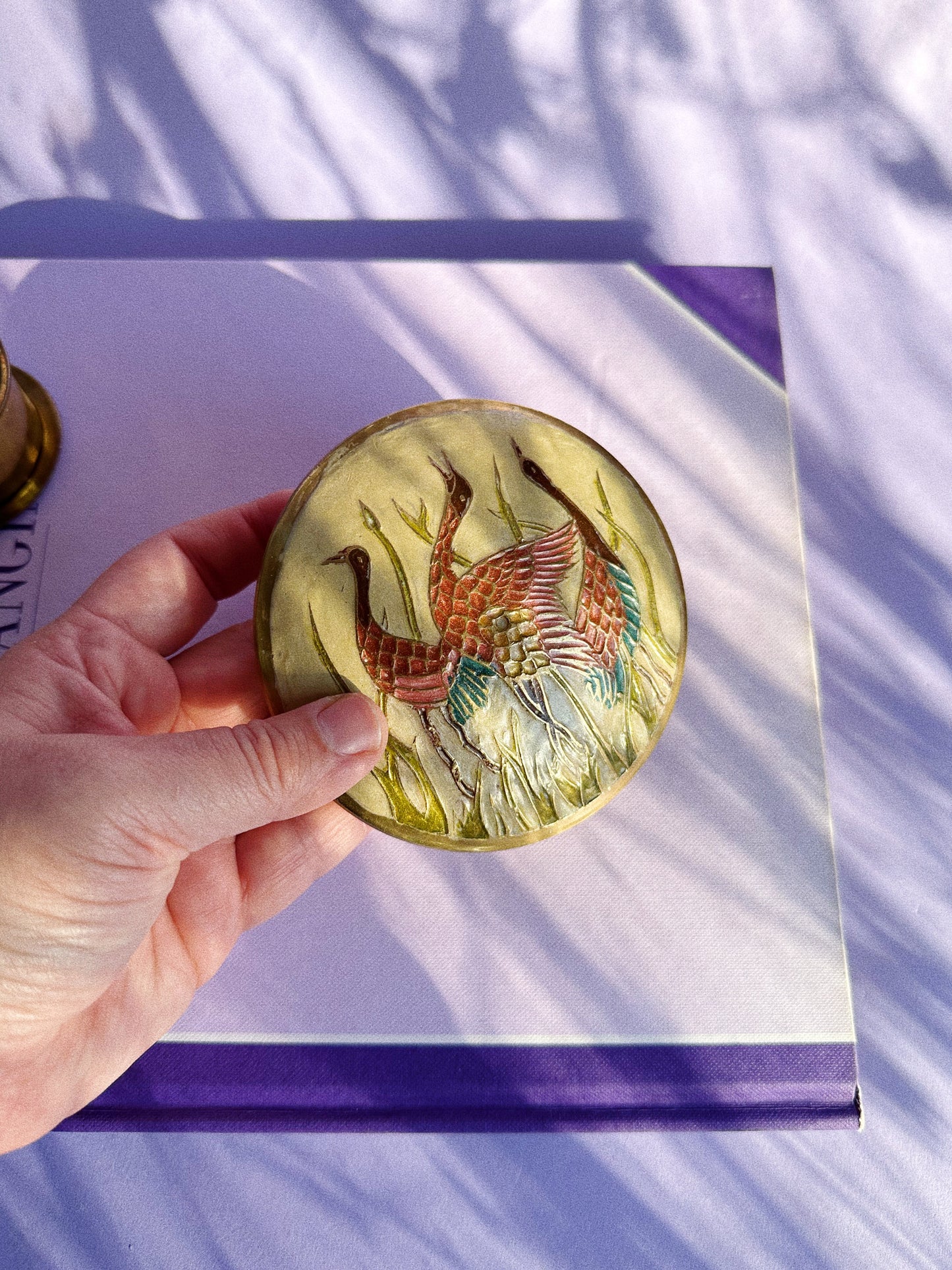 Lidded Enamel Crane & Solid Brass Lidded Trinket Box