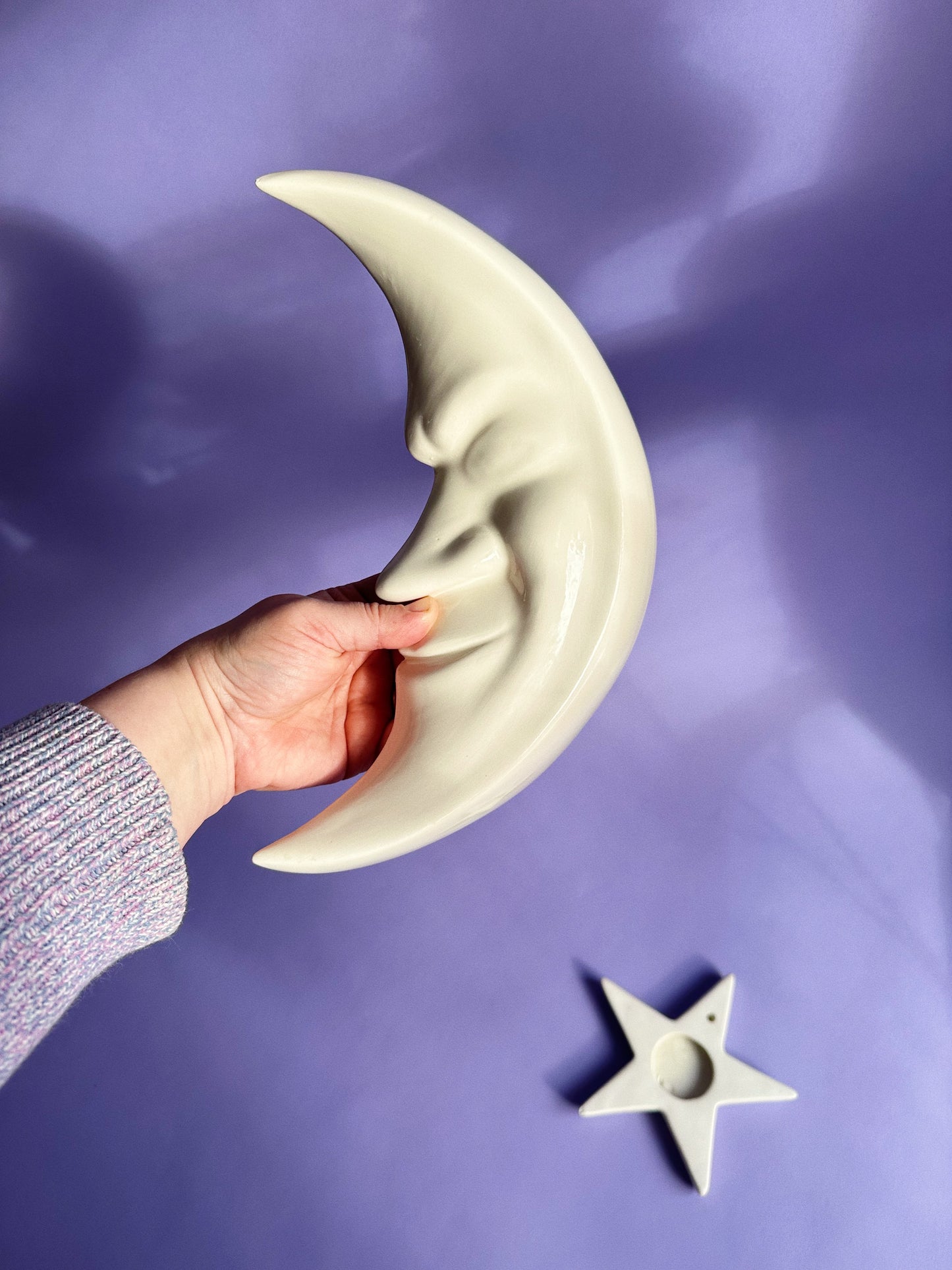 Vintage Glazed White Cresent Moon with Face & Star Ceramic Wall Hangings