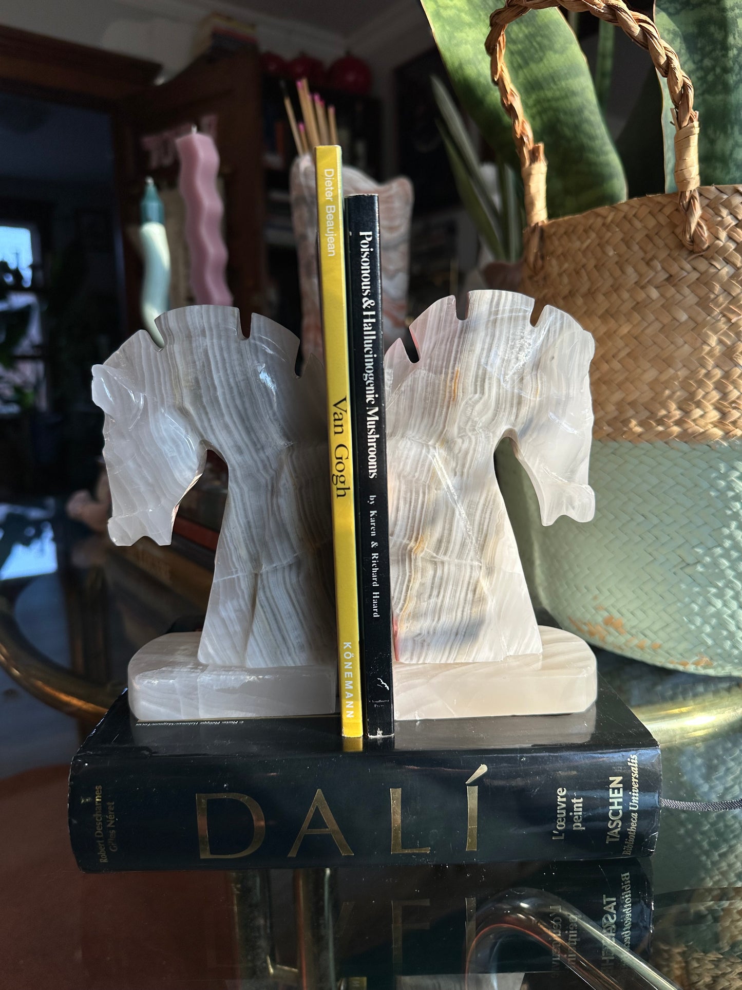 Vintage Pair Carved Onyx Stone Trojan Horse Head Bookends 6 1/4”