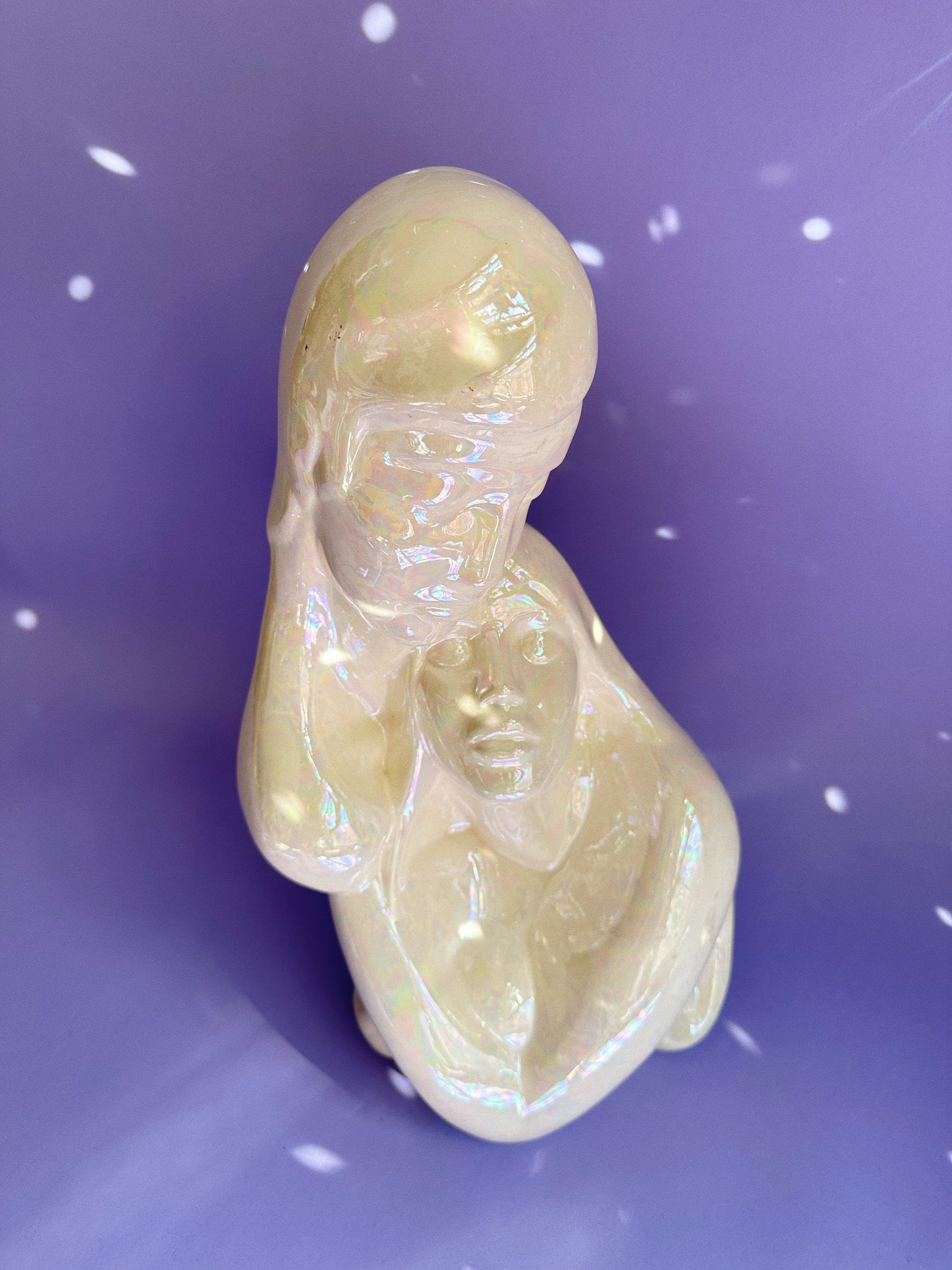 Vintage Large White Iridescent Couple Lover's Sculpture Art Deco 80's Bust Statue