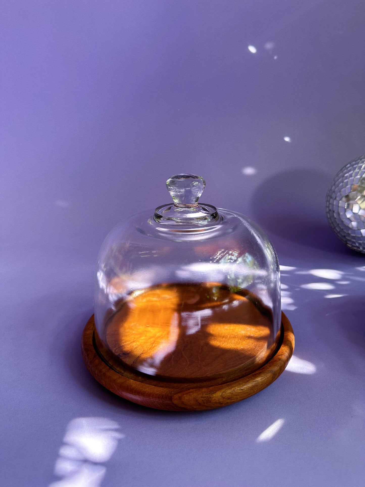 Vintage Genuine Teak Wood Dessert Cheese Board Tray & Glass Dome Cloche Lid