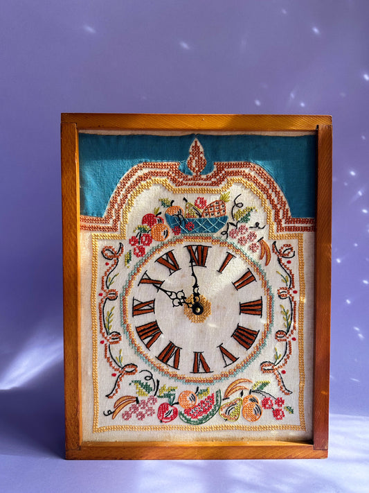 Americana Hand Embroidered Needlepoint Wall Clock, Vintage Handmade