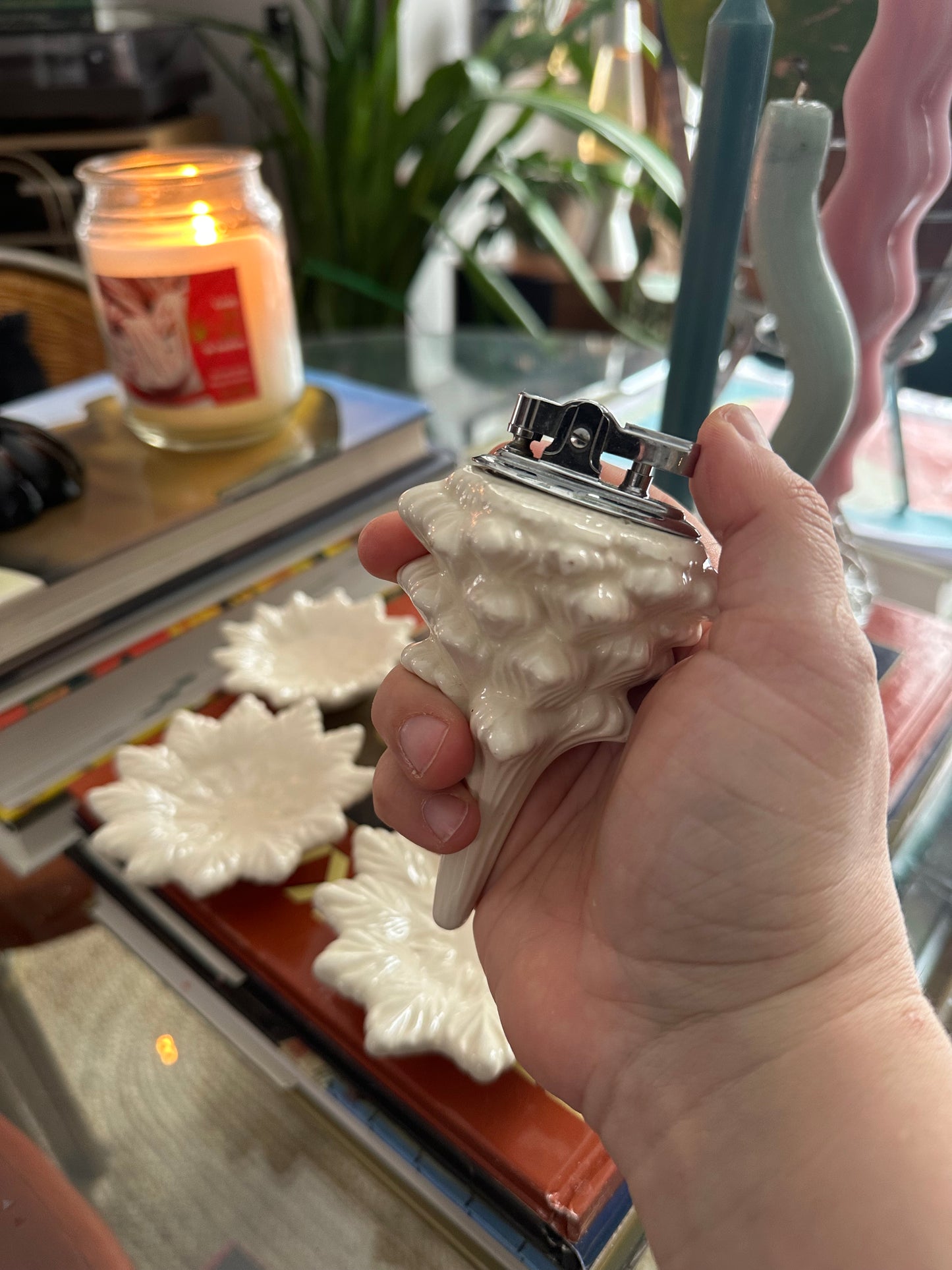 Vintage Stacking Ceramic Christmas Tree Lighter Ashtrays Cream