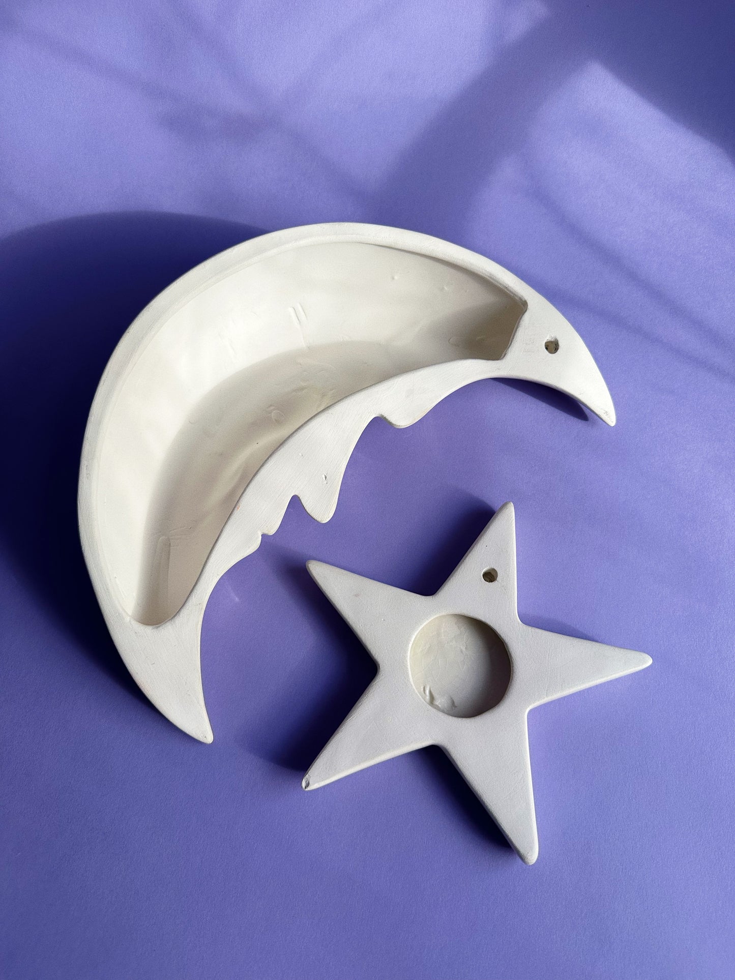 Vintage Glazed White Cresent Moon with Face & Star Ceramic Wall Hangings
