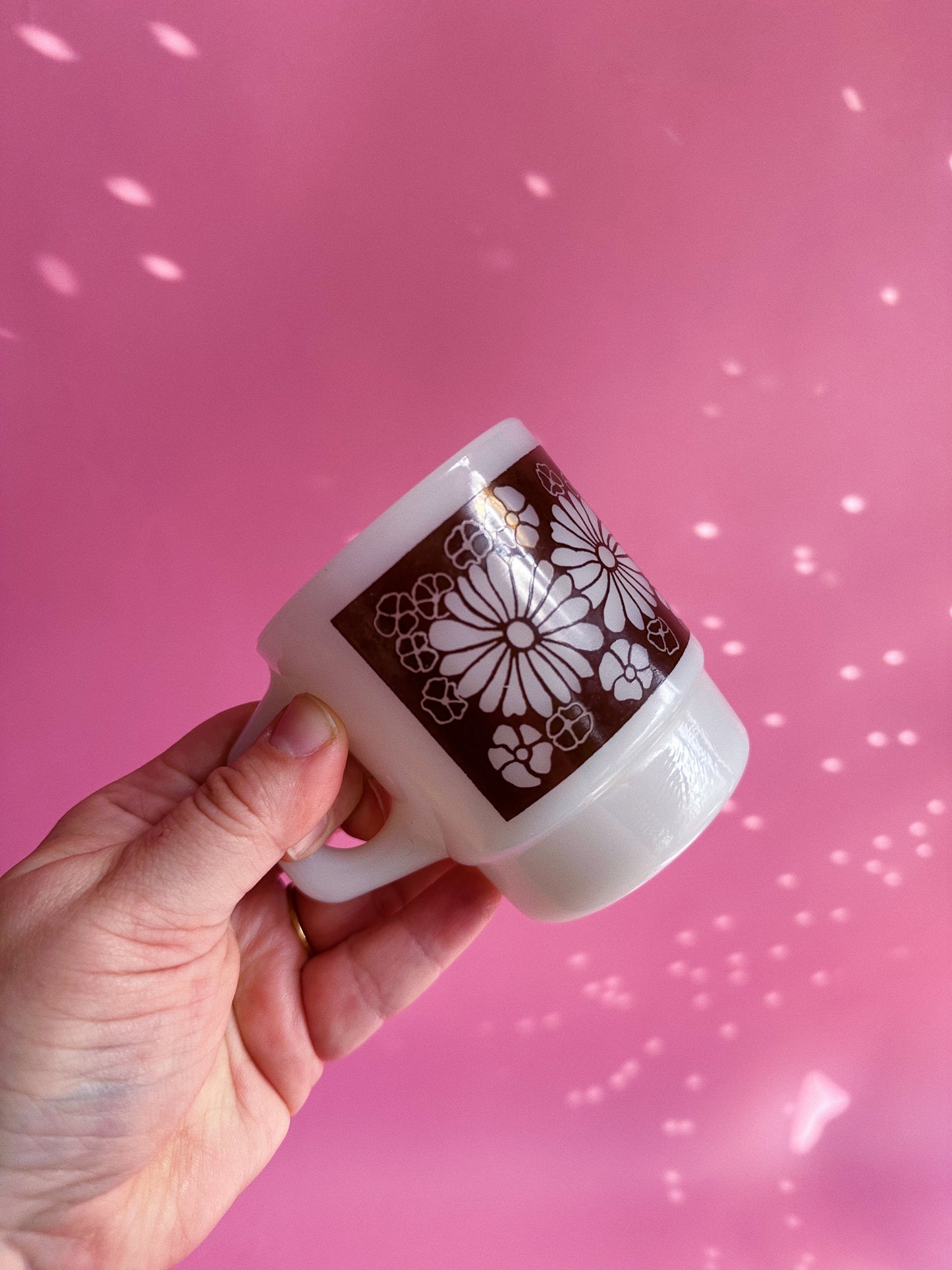 Vintage Brown Floral 70s Milk Glass Mug