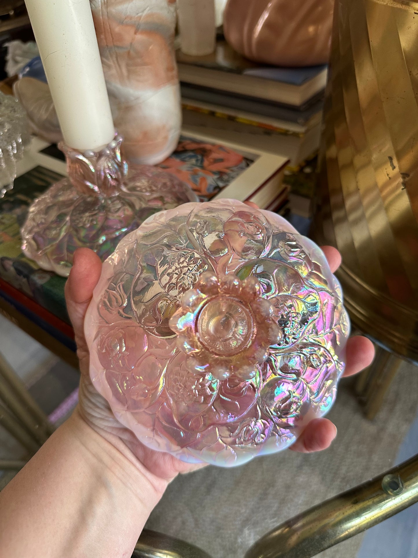 Vintage Fenton Pink Opalescent Carnival Glass Water Lilly Candlestick Holders