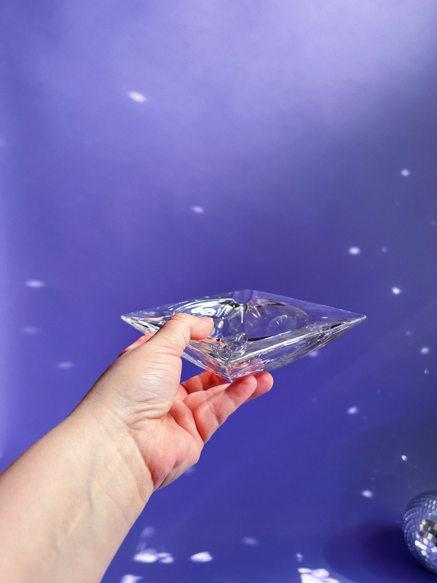 Vintage Crystal Ashtray / Throw Dish w Etched Flowers