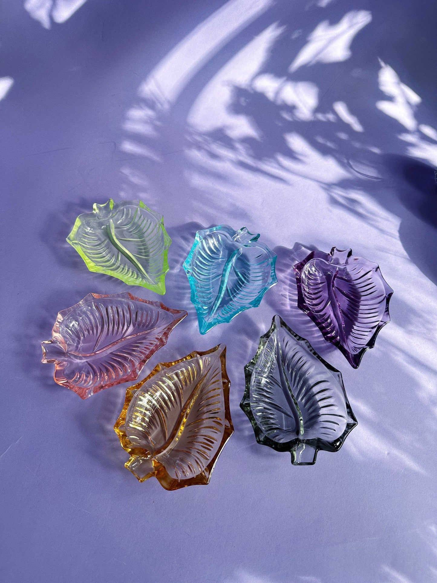 Vintage Japanese Leaf Shaped Harlequin Coloured Glass Ashtrays Set Of 6