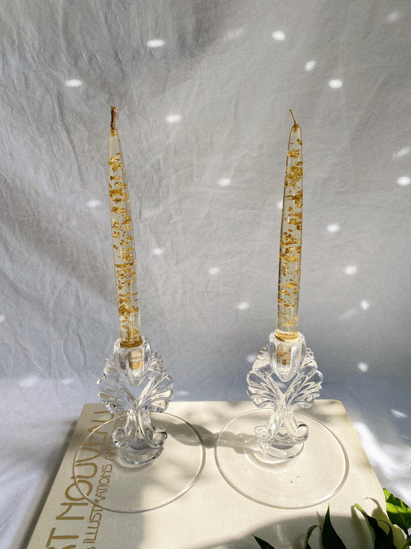 Vintage Manganese Glass (Glows Green!) Tear Drop Candlesticks