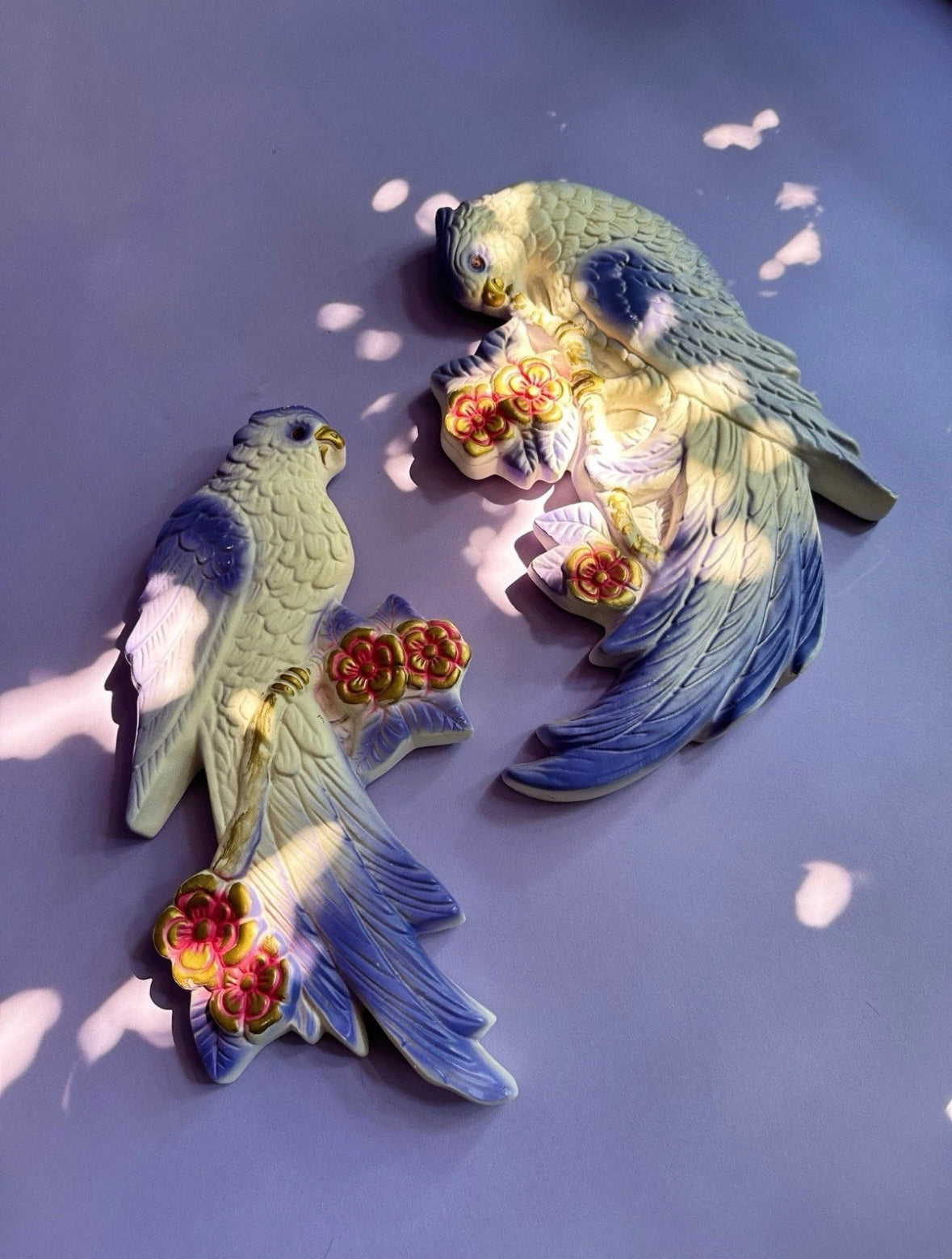 Vintage Mid Century Favor Ware Chalkware Parrots, Purple Pink