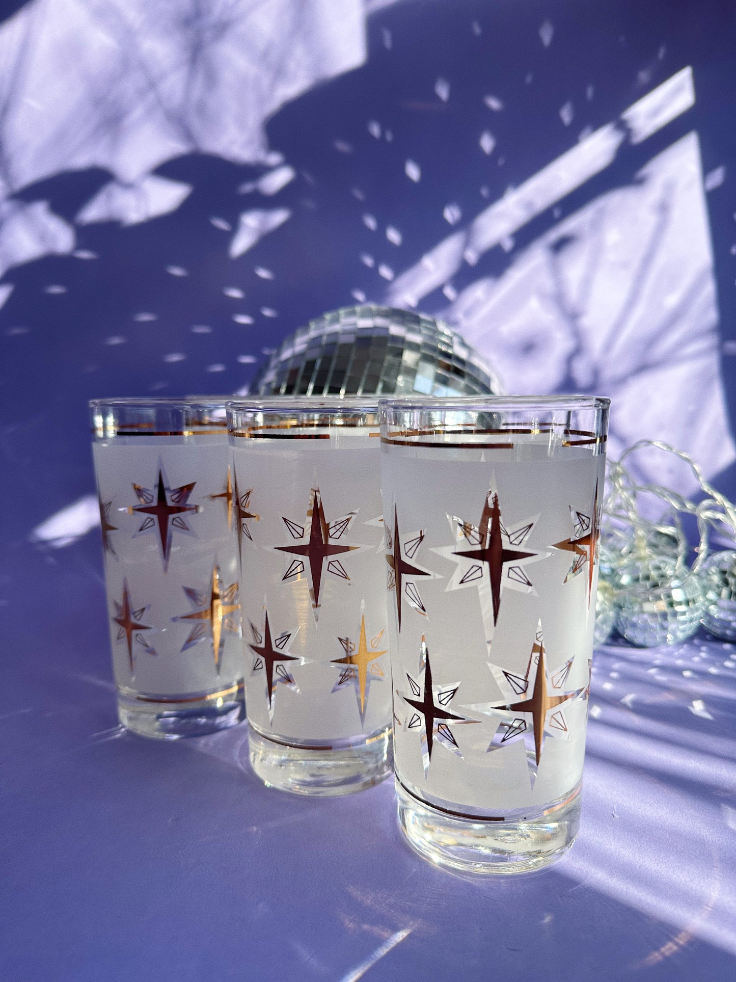 Vintage Set of 6 Dominion MCM Atomic Starburst Frosted Gold Tumblers Glasses 5.5”