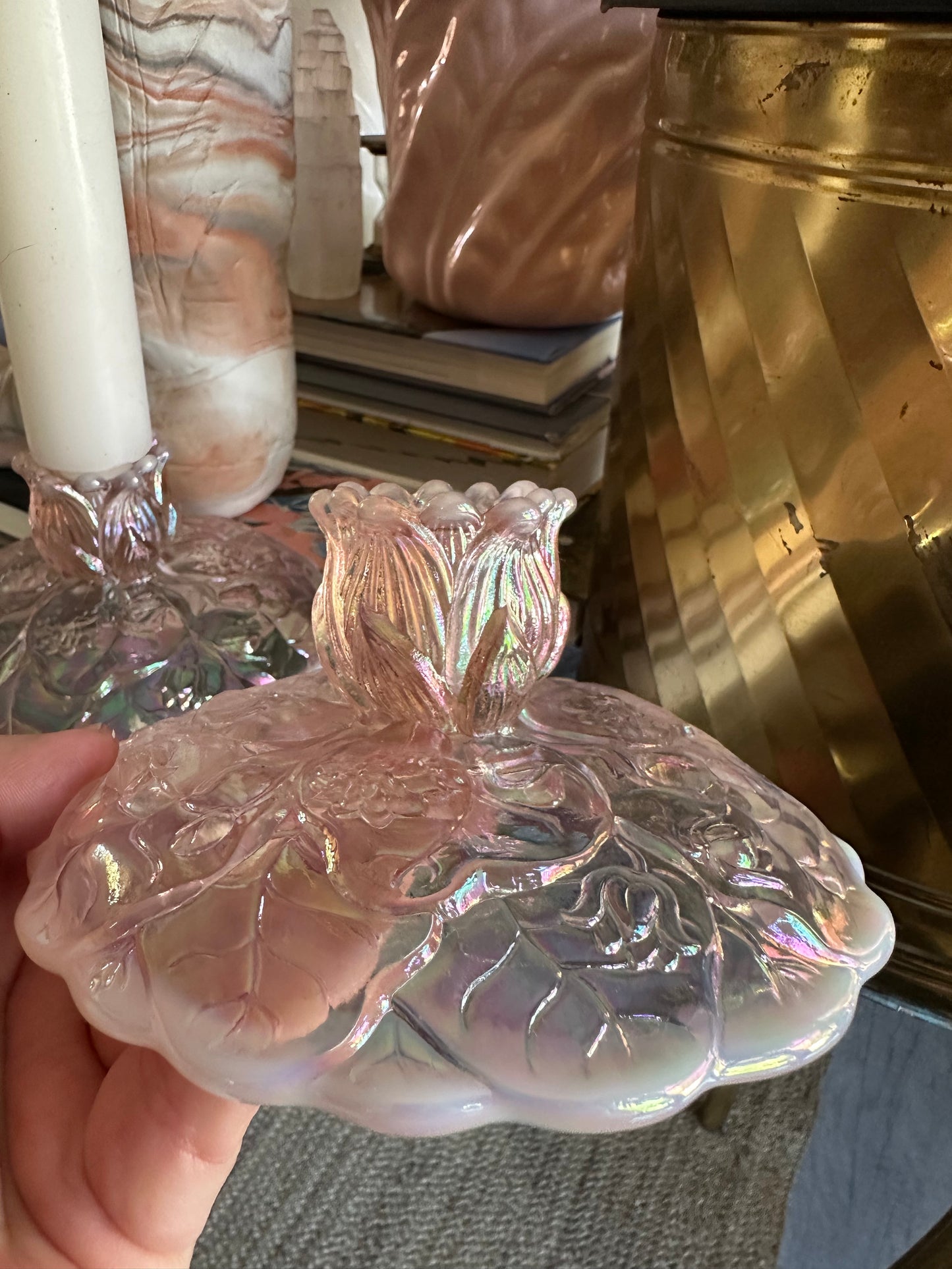 Vintage Fenton Pink Opalescent Carnival Glass Water Lilly Candlestick Holders