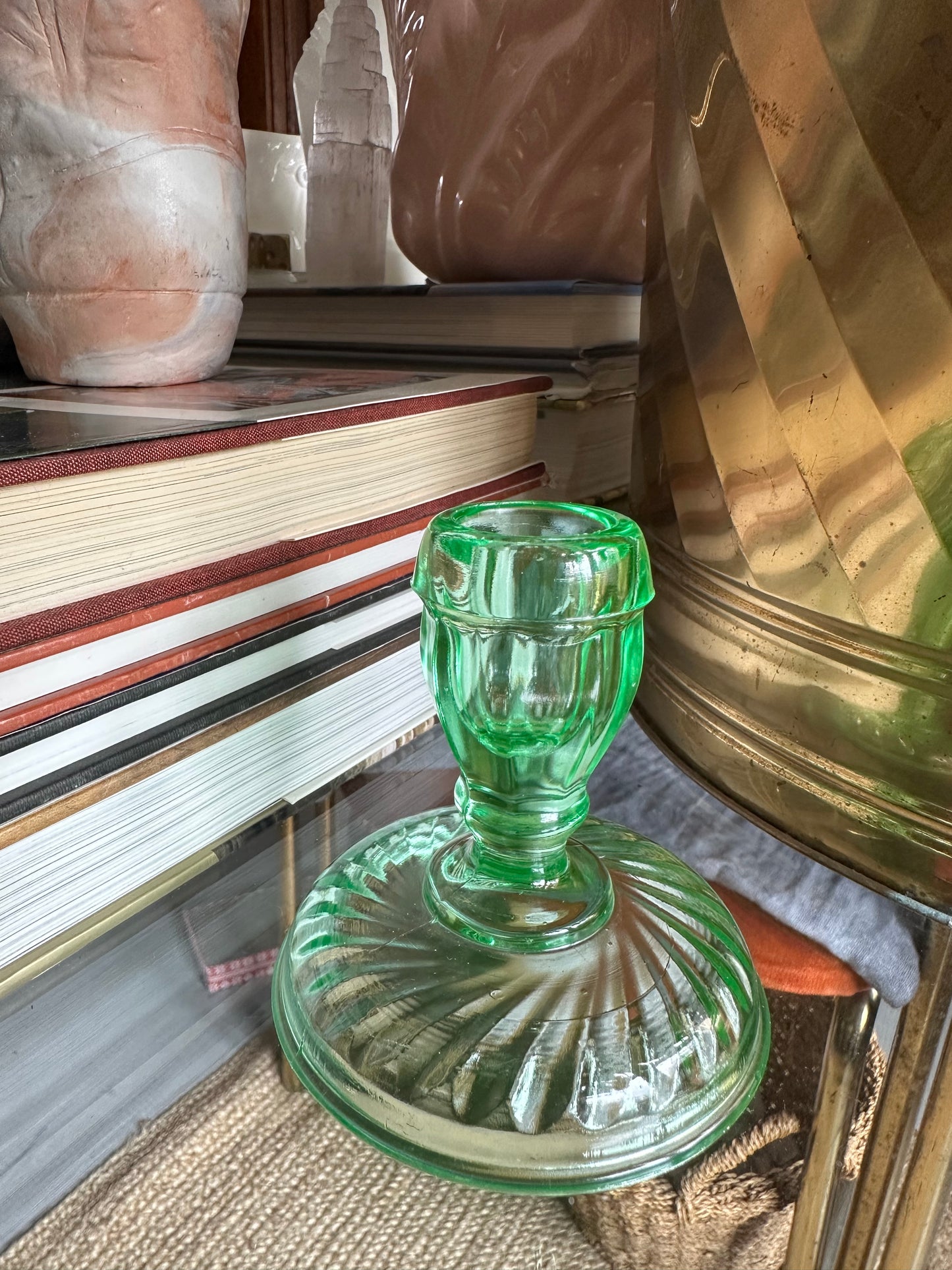 3.5” Single Light Twisted Optic Green Candlestick Uranium 1920s, 30s