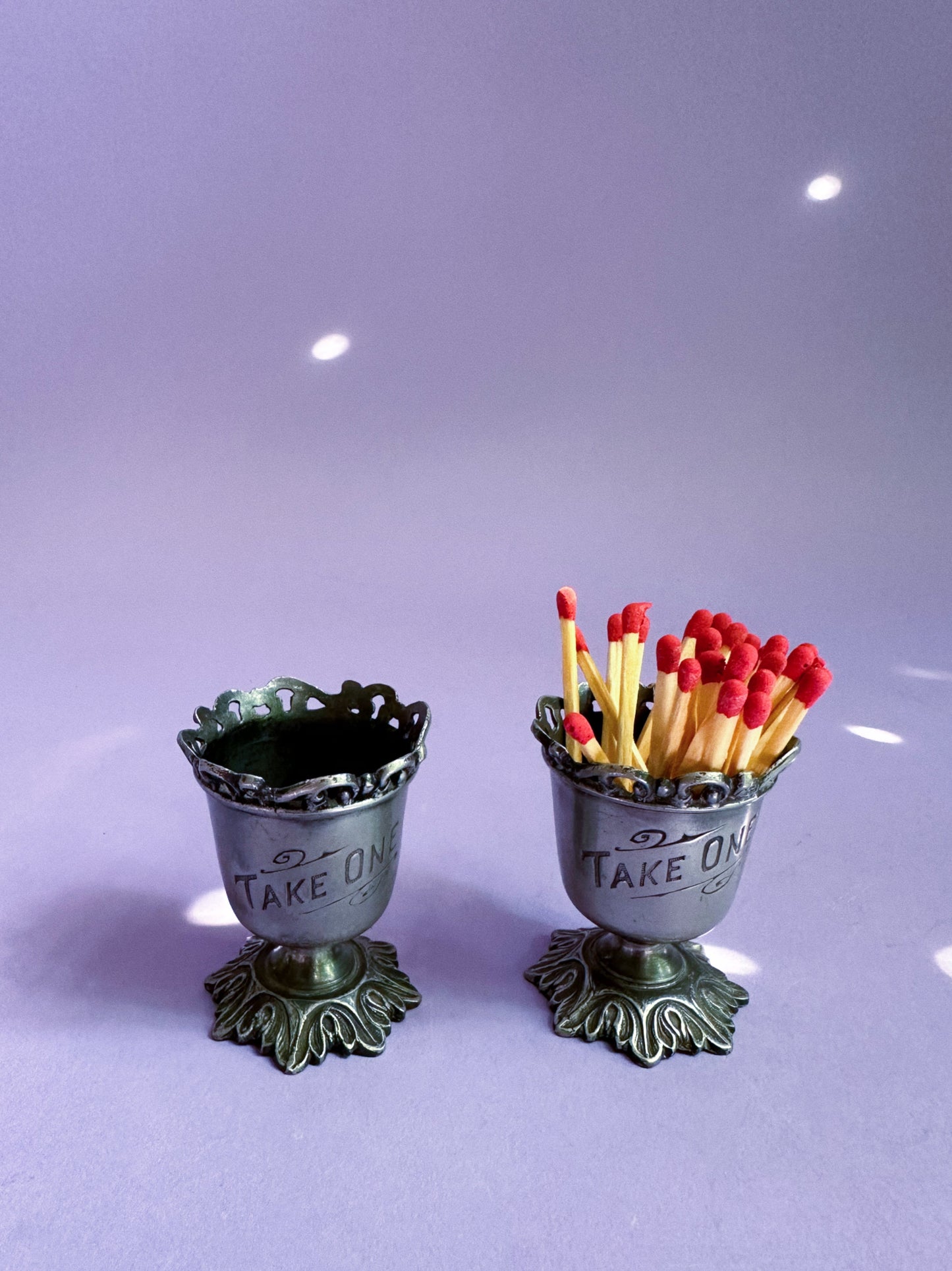 Antique Pair Of Pewter Toothpick / Match Holders Lacy Top Ornate "TAKE ONE"