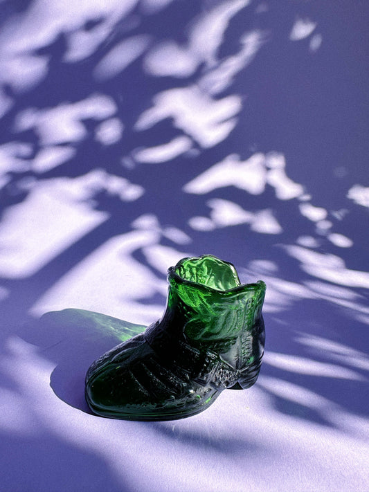 Small Vintage Green Glass Shoe Match Holder