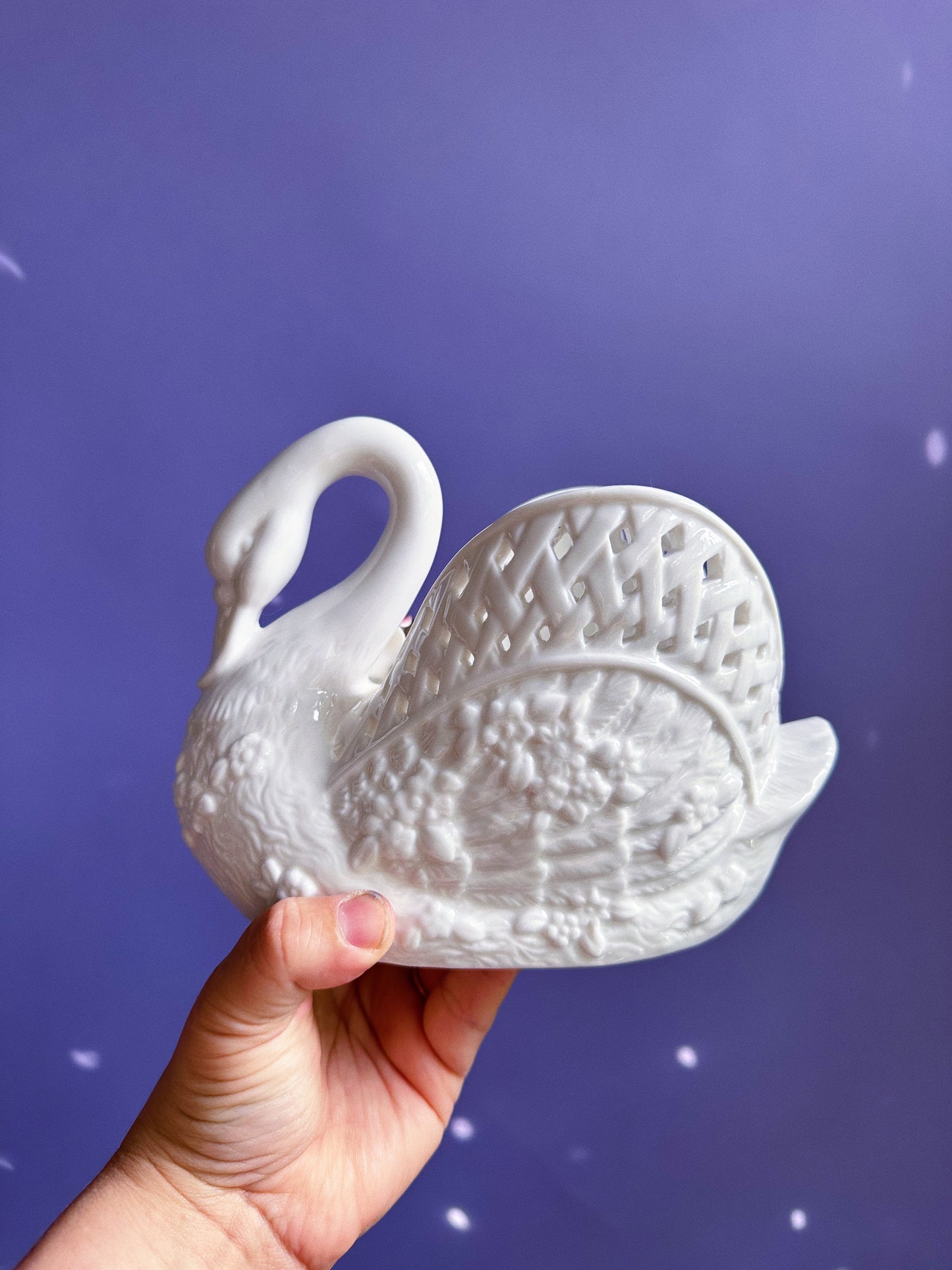 Vintage Porcelain Swan Planter w/ 3D Floral Decor