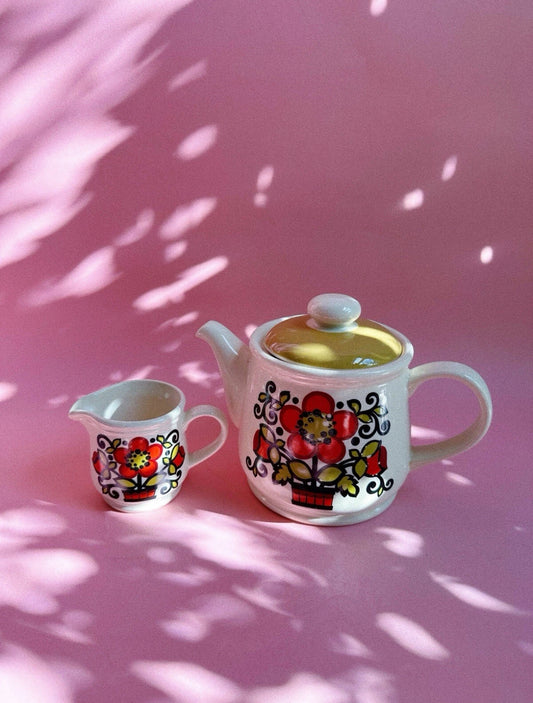 Sadler England Vintage 70s Ceramic Teapot & Creamer Orange Gold Green Floral MCM