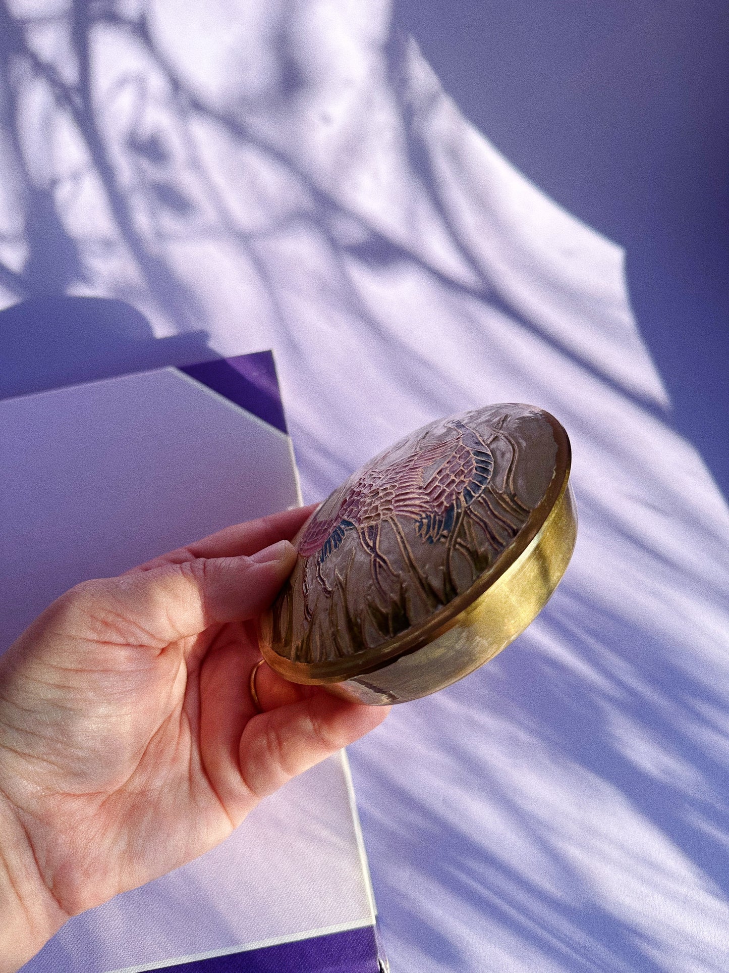 Lidded Enamel Crane & Solid Brass Lidded Trinket Box