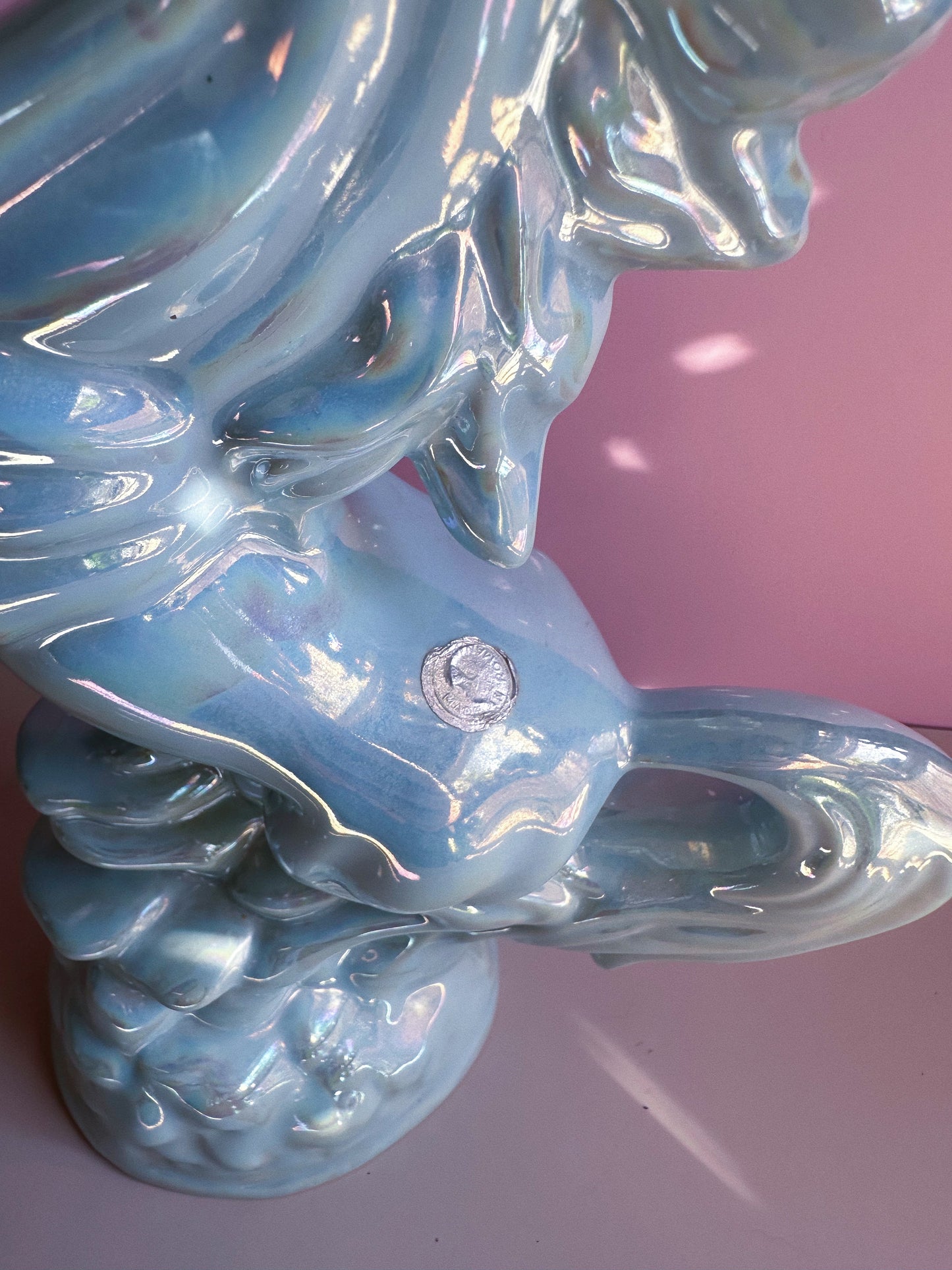 Vintage Ceramic Rearing Horse Figurine - Iridescent Light Blue - Portugal