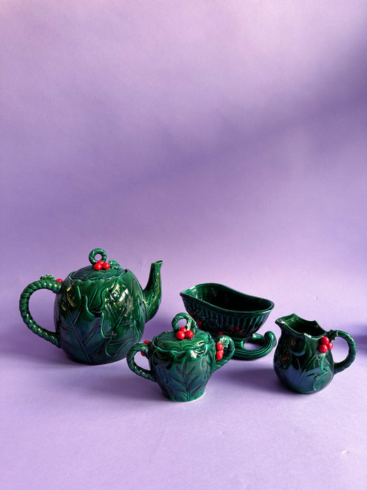 Vintage Lefton Ceramic Set Green Holly Red Berry Teapot, Sugar, Creamer & Sleigh