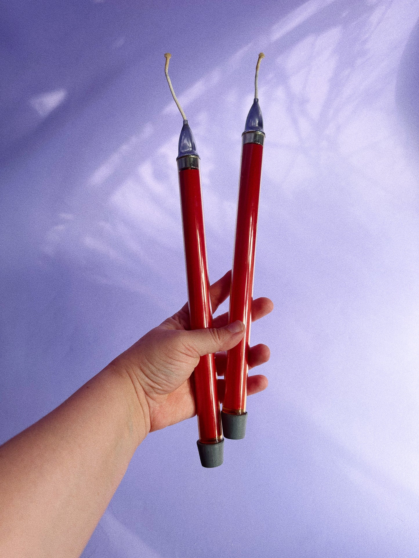 Vintage MCM Red Milbern 12" Refillable Lighter Fluid Burning Candle Tapers