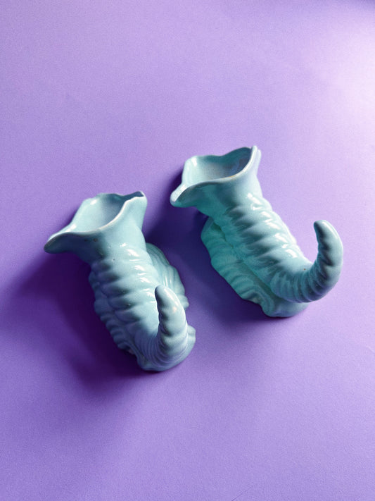 Vintage USA Cornucopia Wall Pockets In Aqua / Turquoise MCM Pottery N-16