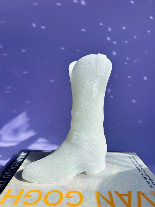 White Glitter Cowboy Boot Candle